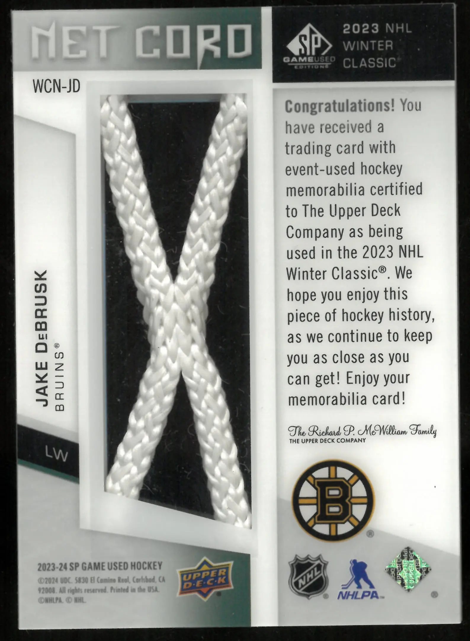 2023-24 Upper Deck SP Game Used Net Cord Jake DeBrusk /35 