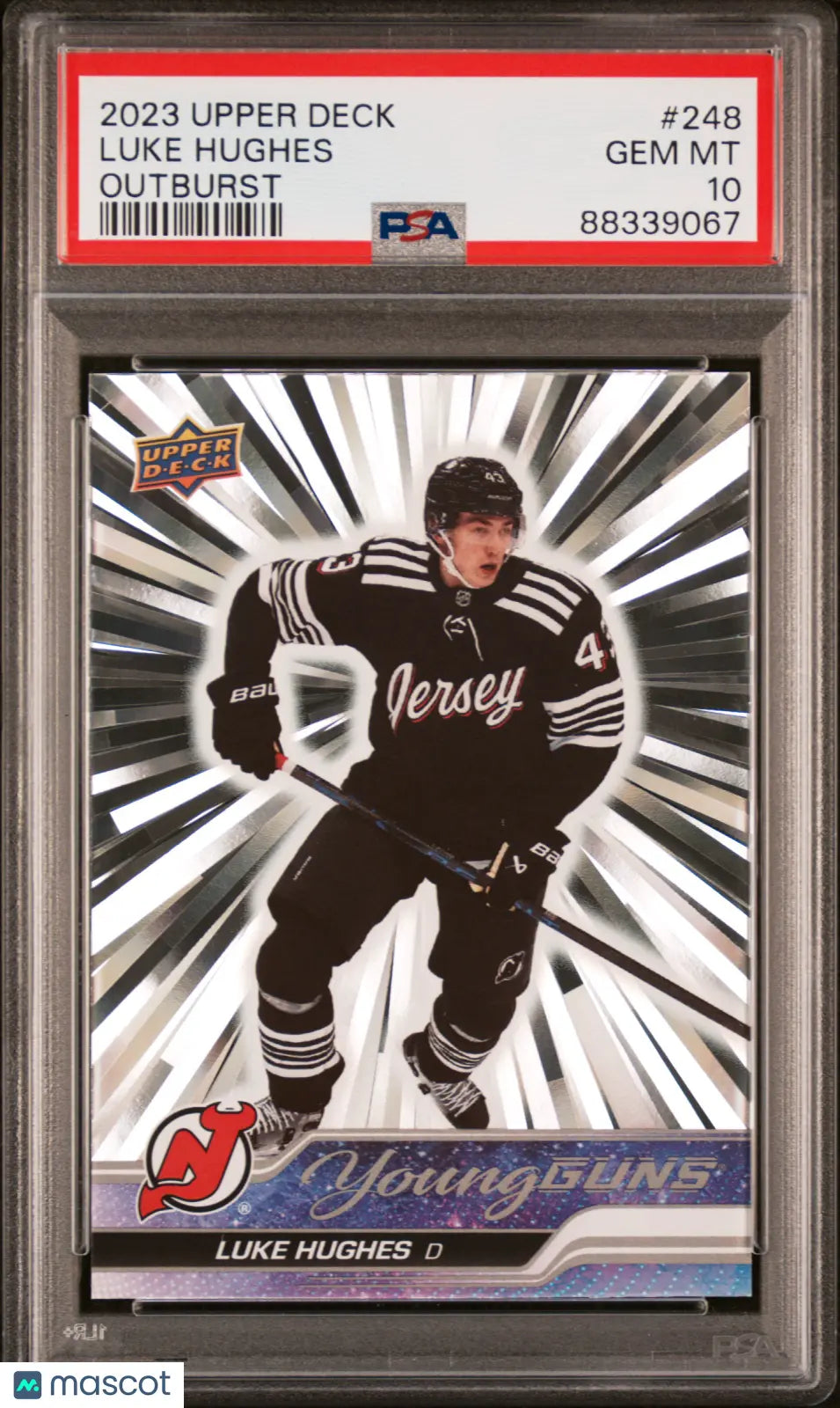 2023-24 Upper Deck Series 1 Hockey Luke Hughes Young Guns RC Outburst PSA 10 