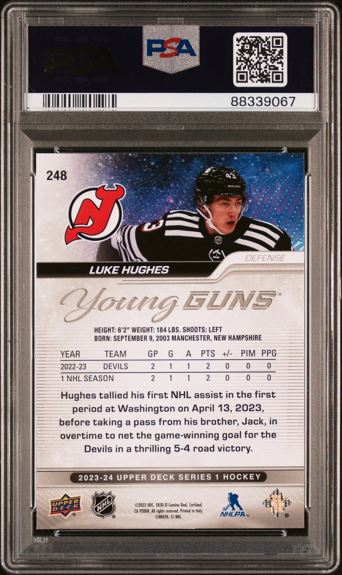 2023-24 Upper Deck Series 1 Hockey Luke Hughes Young Guns RC Outburst PSA 10 