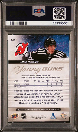 2023-24 Upper Deck Series 1 Hockey Luke Hughes Young Guns RC Outburst PSA 10 