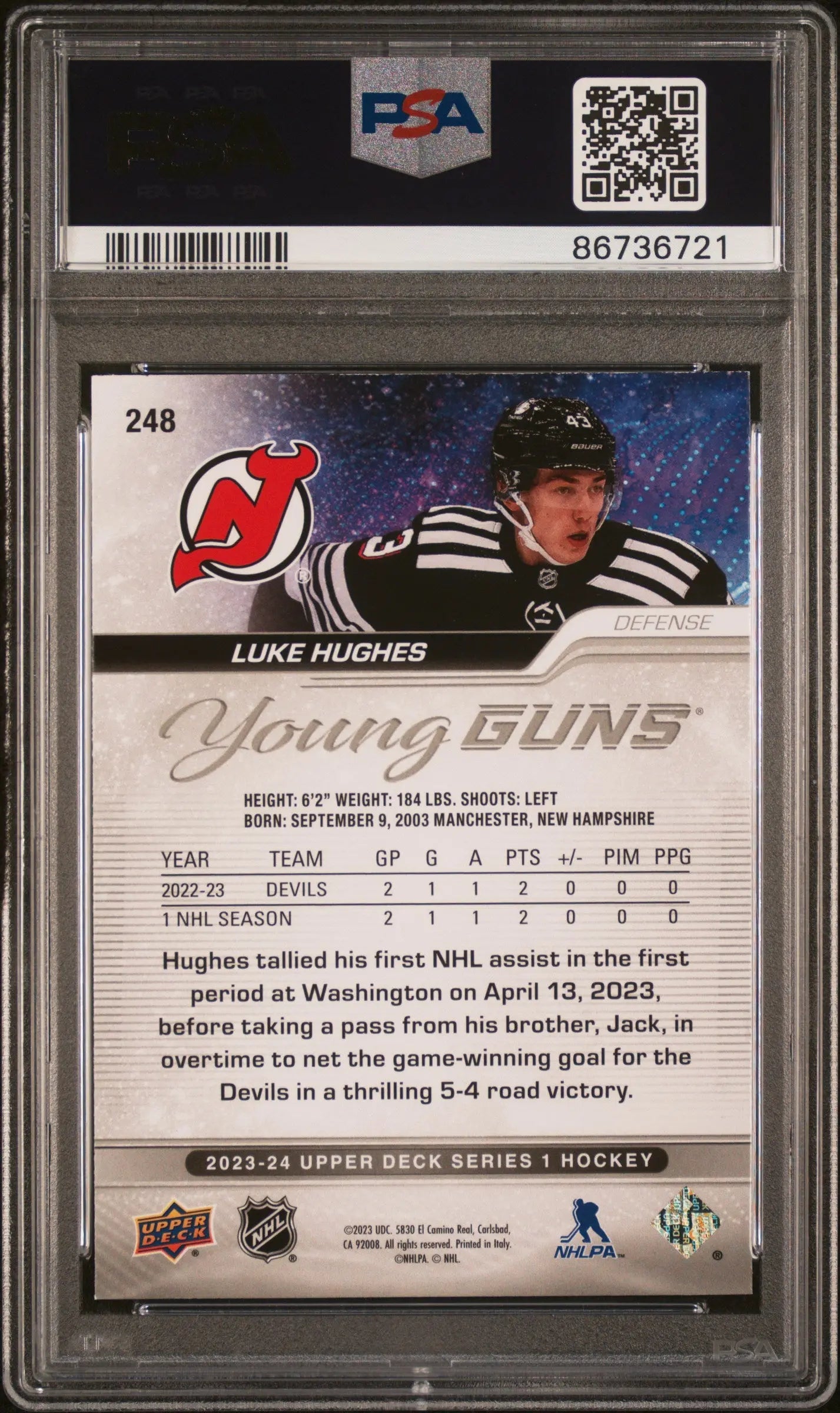 2023-24 Upper Deck Series 1 Luke Hughes Young Guns RC Rookie #248 PSA 9 