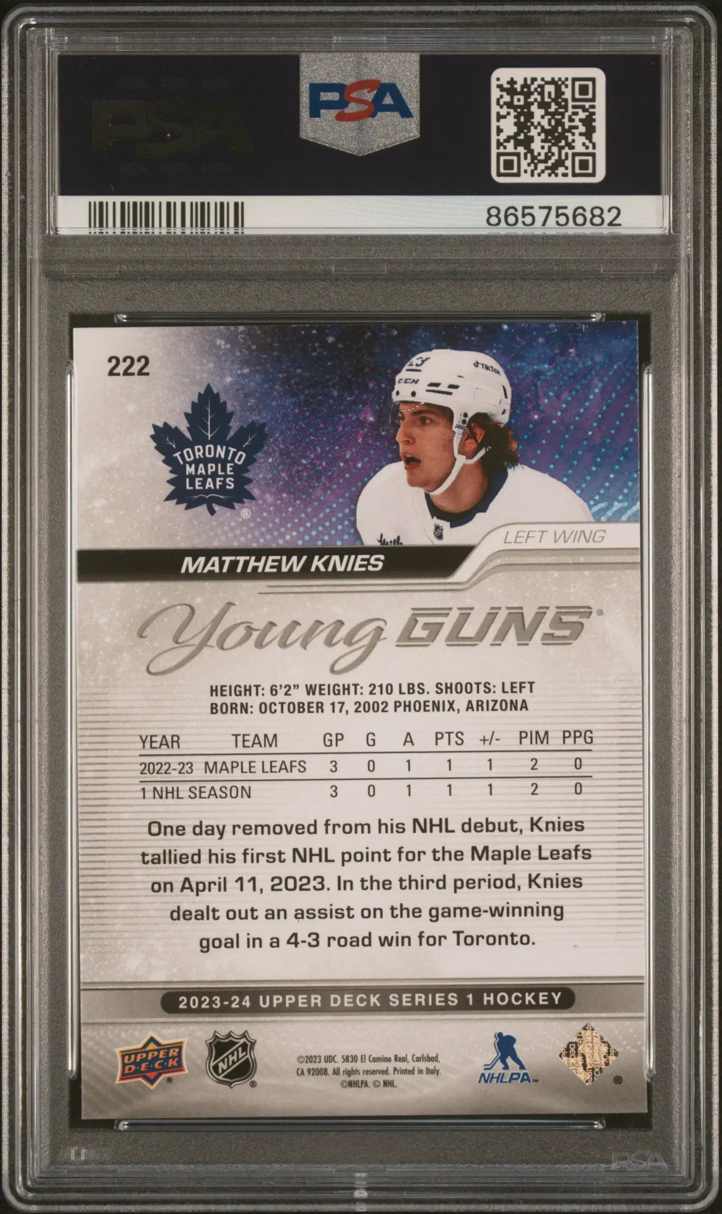 2023-24 Upper Deck Series 1 Matthew Knies Young Guns RC Rookie #222 PSA 9 