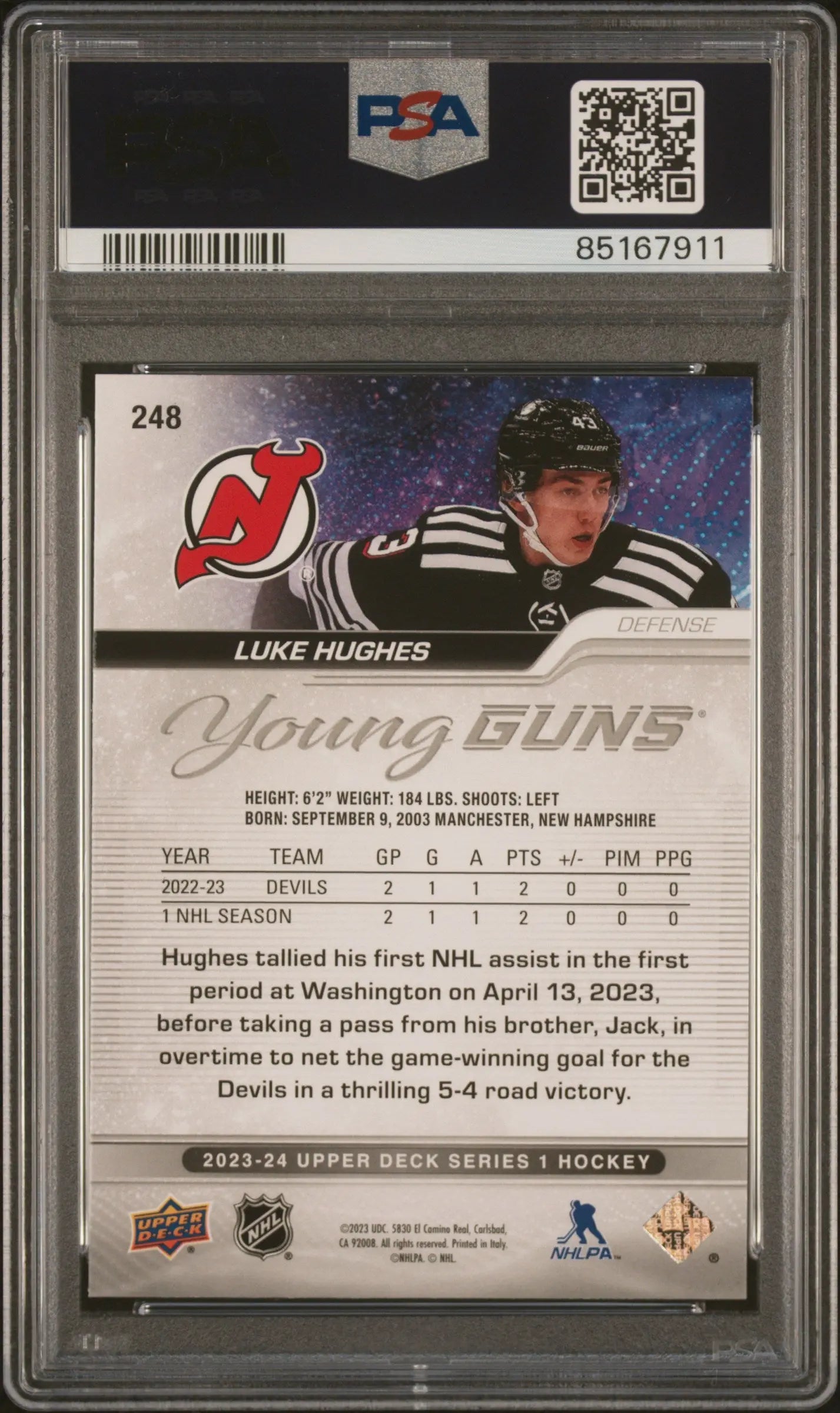 2023-24 Upper Deck Series 1 Young Guns Rookie Luke Hughes RC PSA 10 