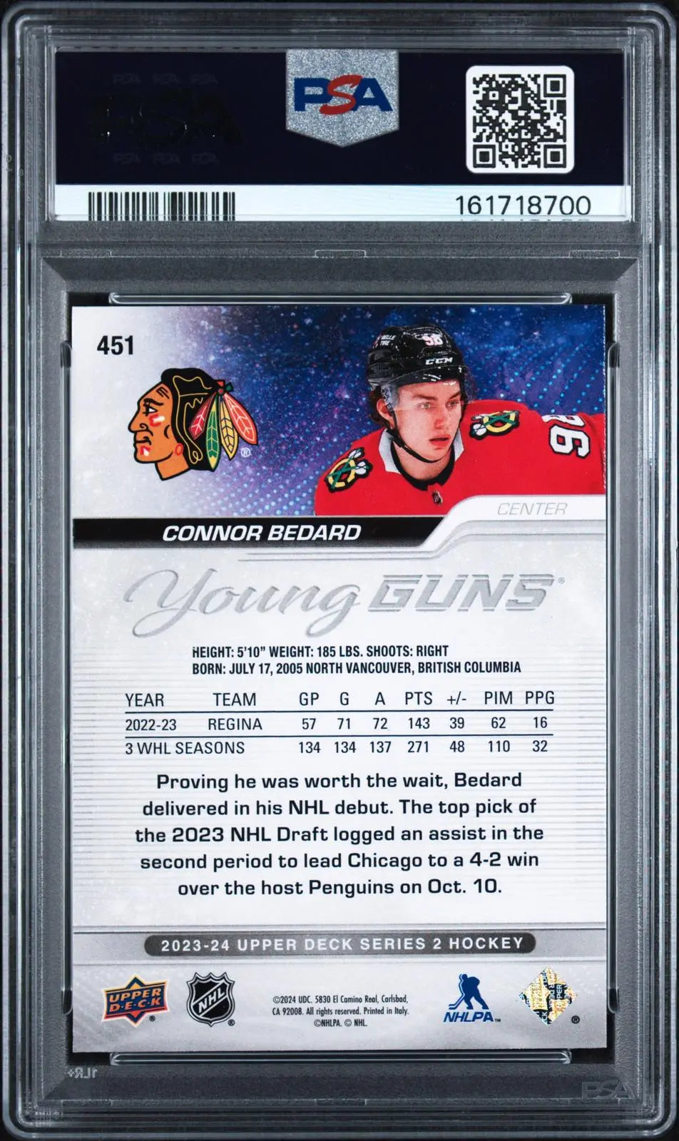 2023-24 Upper Deck Series 2 Hockey Rookie Young Guns Connor Bedard RC PSA 10 