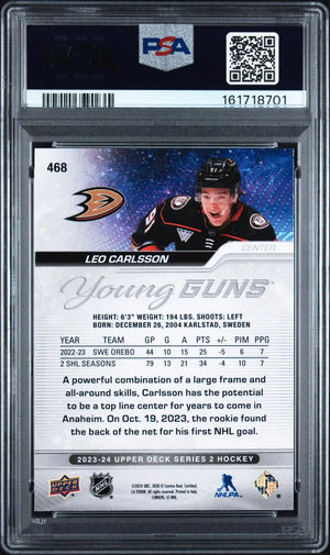 2023-24 Upper Deck Series 2 Hockey Rookie Young Guns Leo Carlsson RC PSA 10 