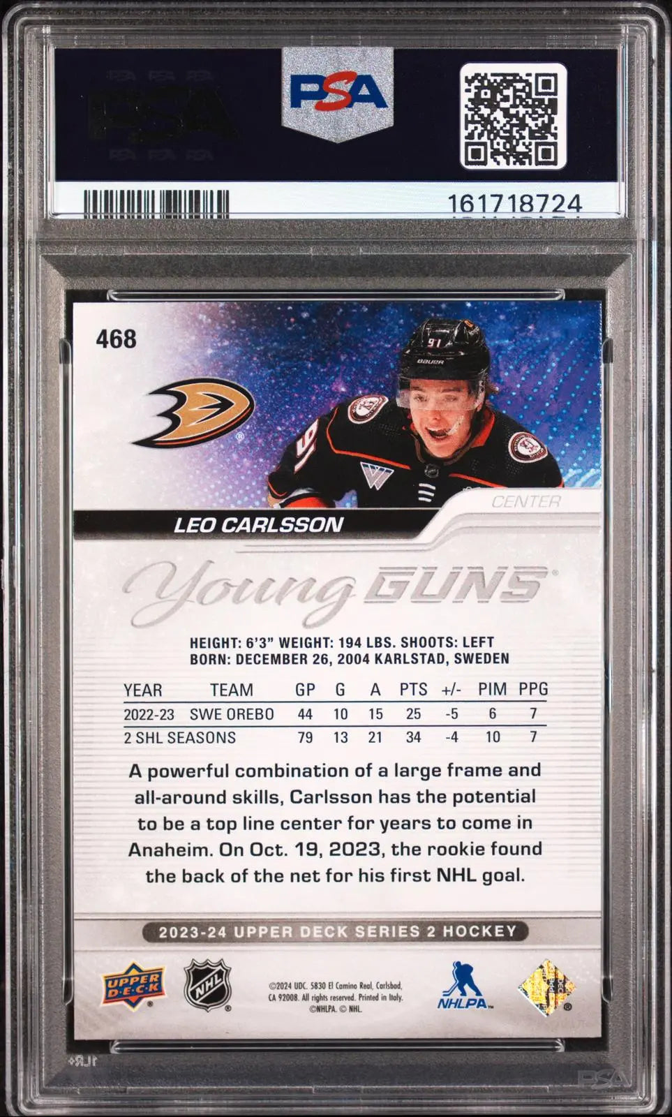 2023-24 Upper Deck Series 2 Hockey Rookie Young Guns Leo Carlsson RC PSA 9 