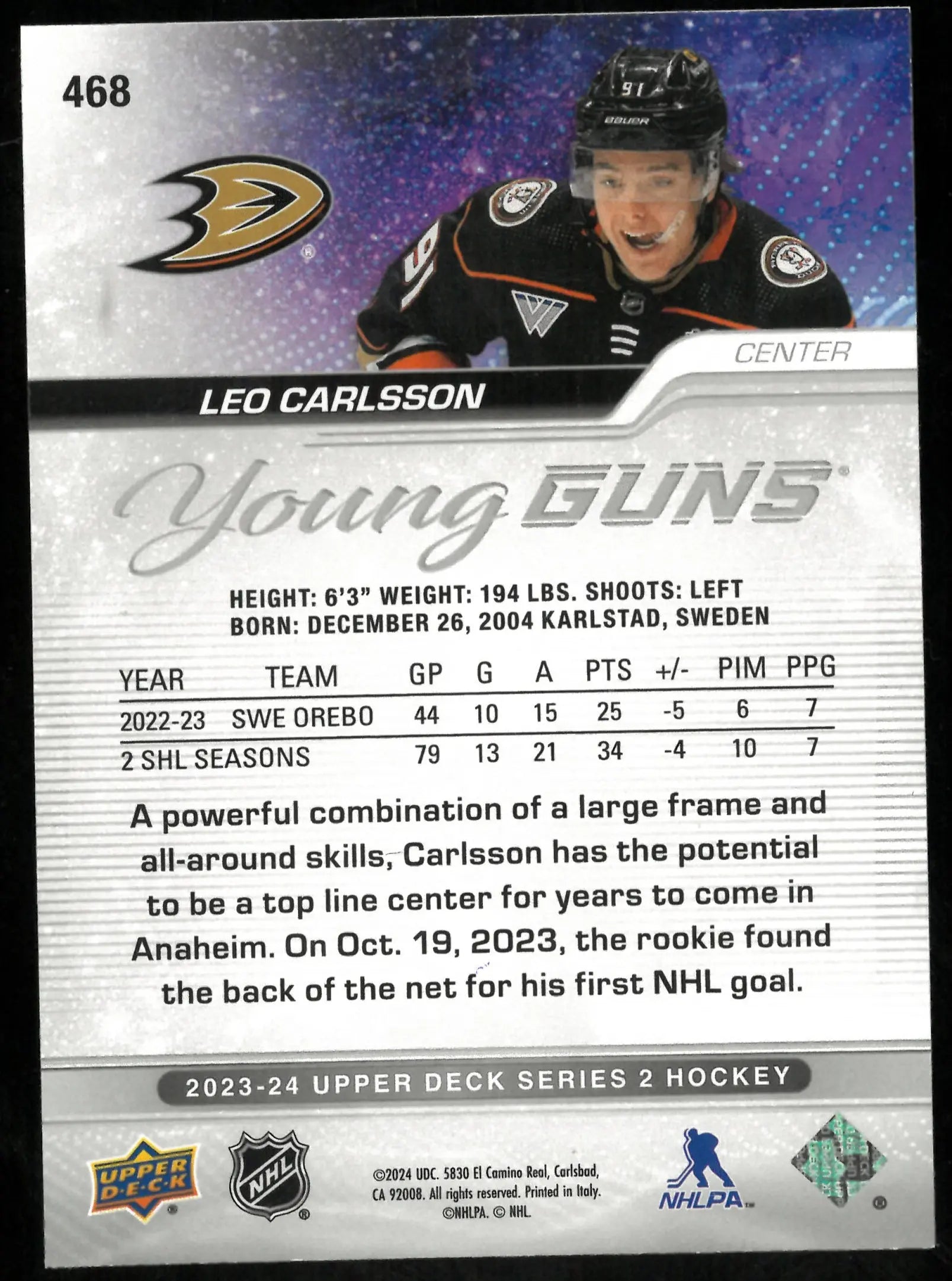 2023-24 Upper Deck Series 2 Leo Carlsson Young Guns RC Rookie 