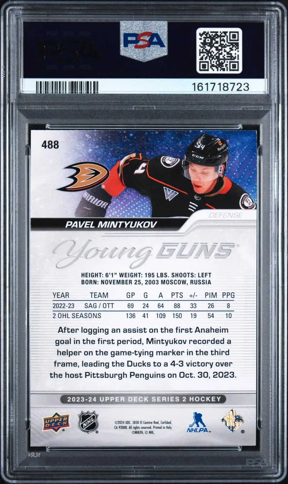 2023-24 Upper Deck Series 2 Rookie Young Guns Pavel Mintyukov Outburst RC PSA 9 