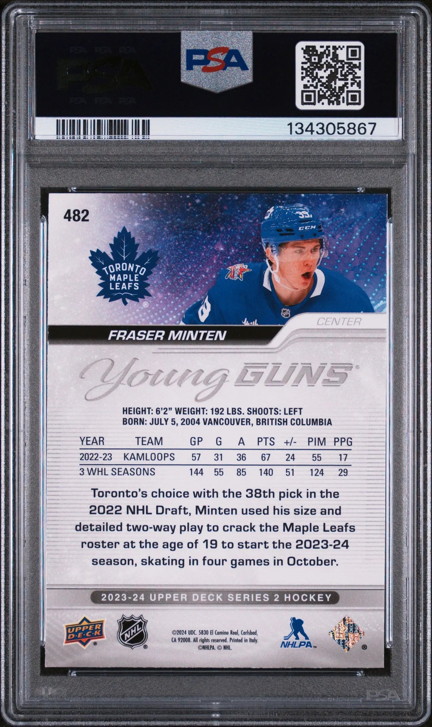 2023-24 Upper Deck Series 2 Young Guns Outburst RC Fraser Minten #482 PSA 9 