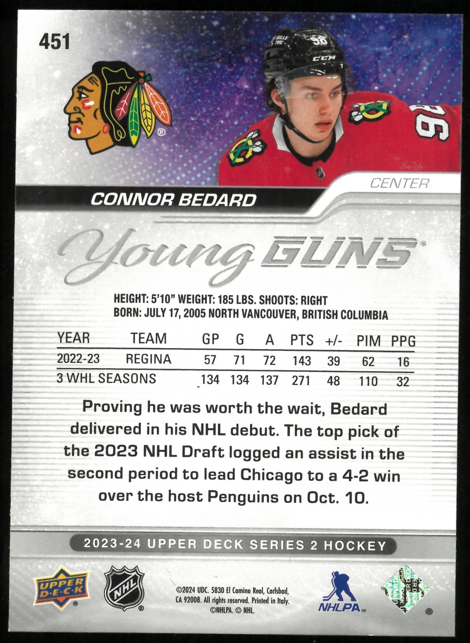 2023-24 Upper Deck Series 2 Young Guns Rookie Connor Bedard 