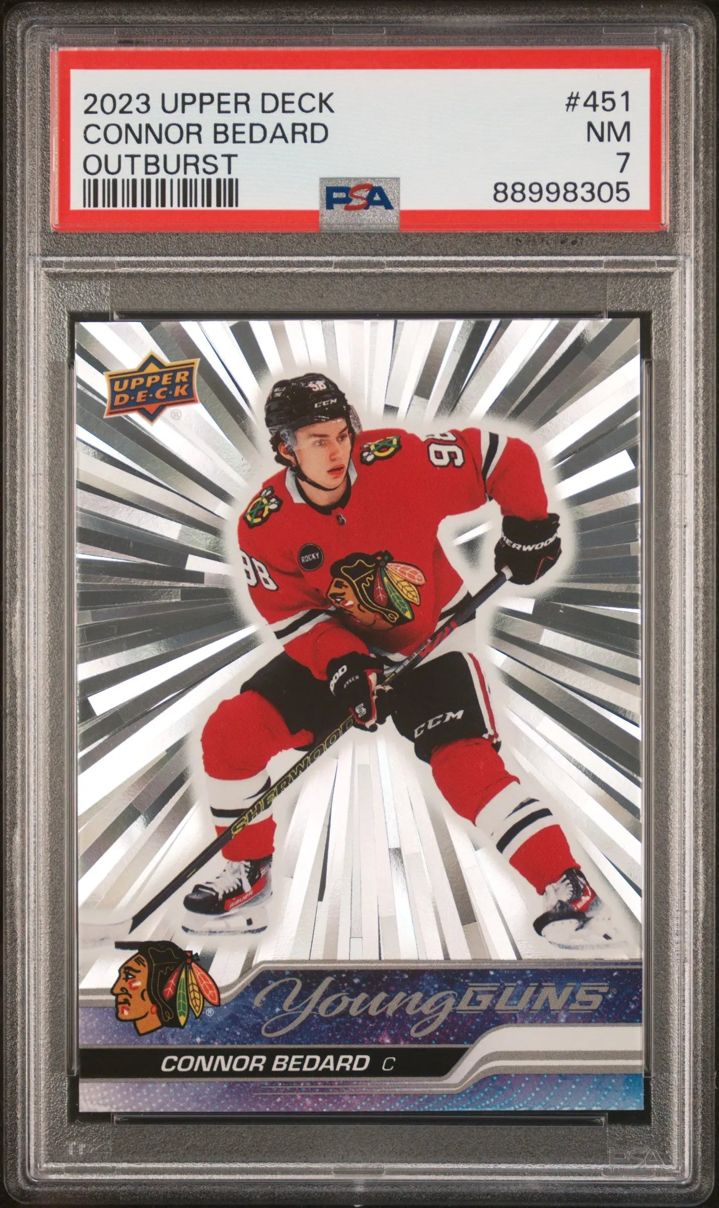 2023-24 Upper Deck Series 2 Young Guns Rookie Connor Bedard Outburst RC PSA 7 