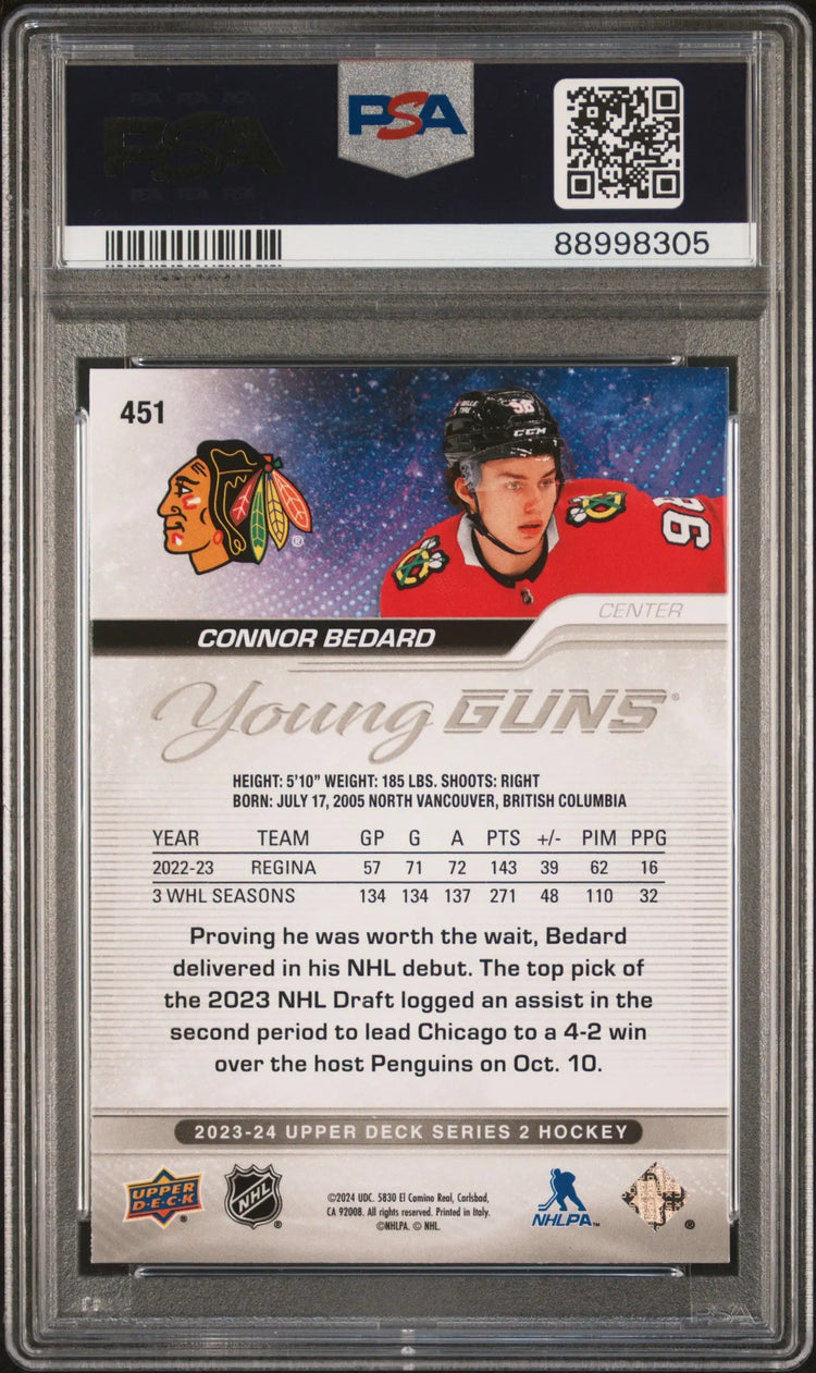 2023-24 Upper Deck Series 2 Young Guns Rookie Connor Bedard Outburst RC PSA 7 