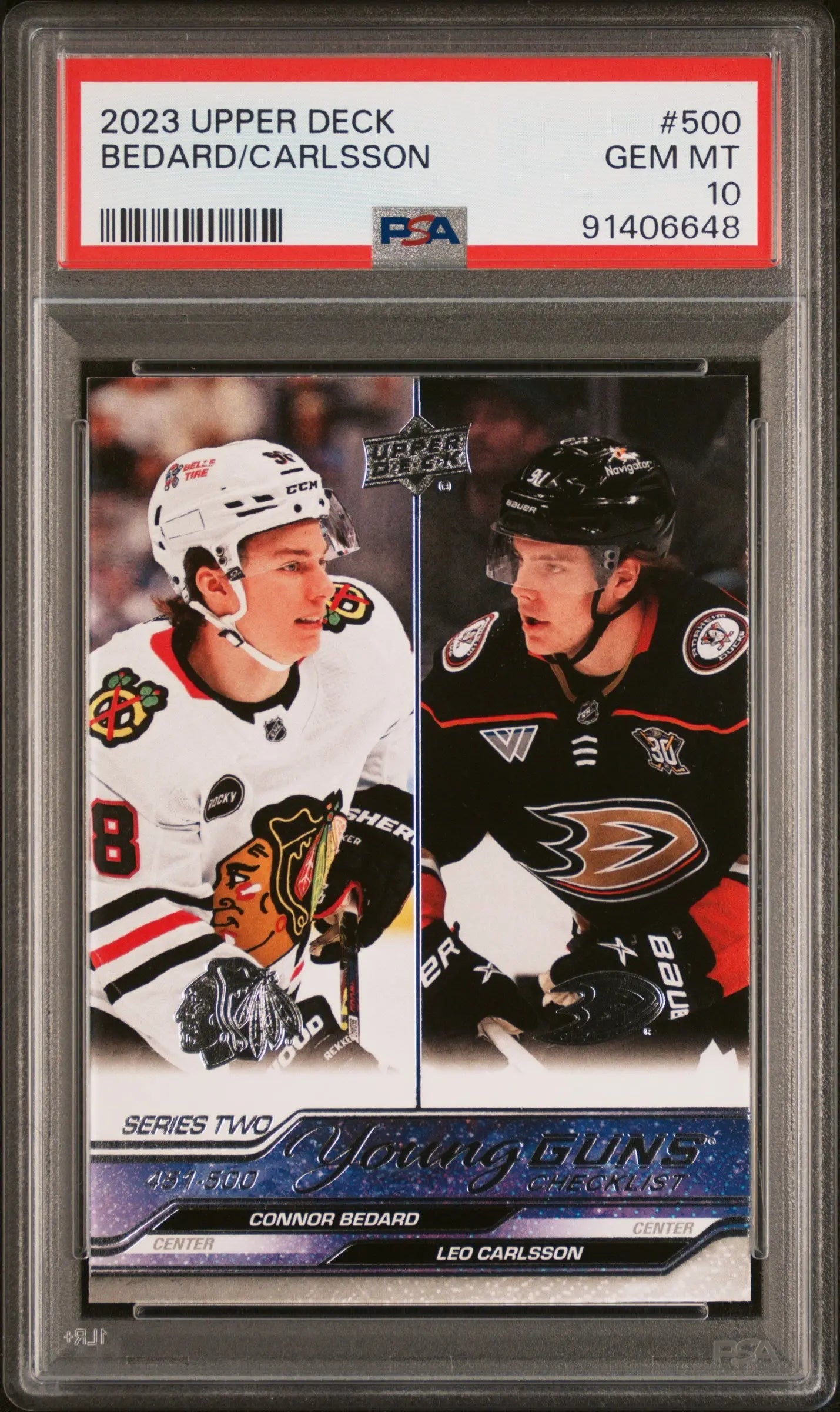 2023-24 Upper Deck Series 2 Young Guns Rookie Leo Carlsson Connor Bedard PSA 10 