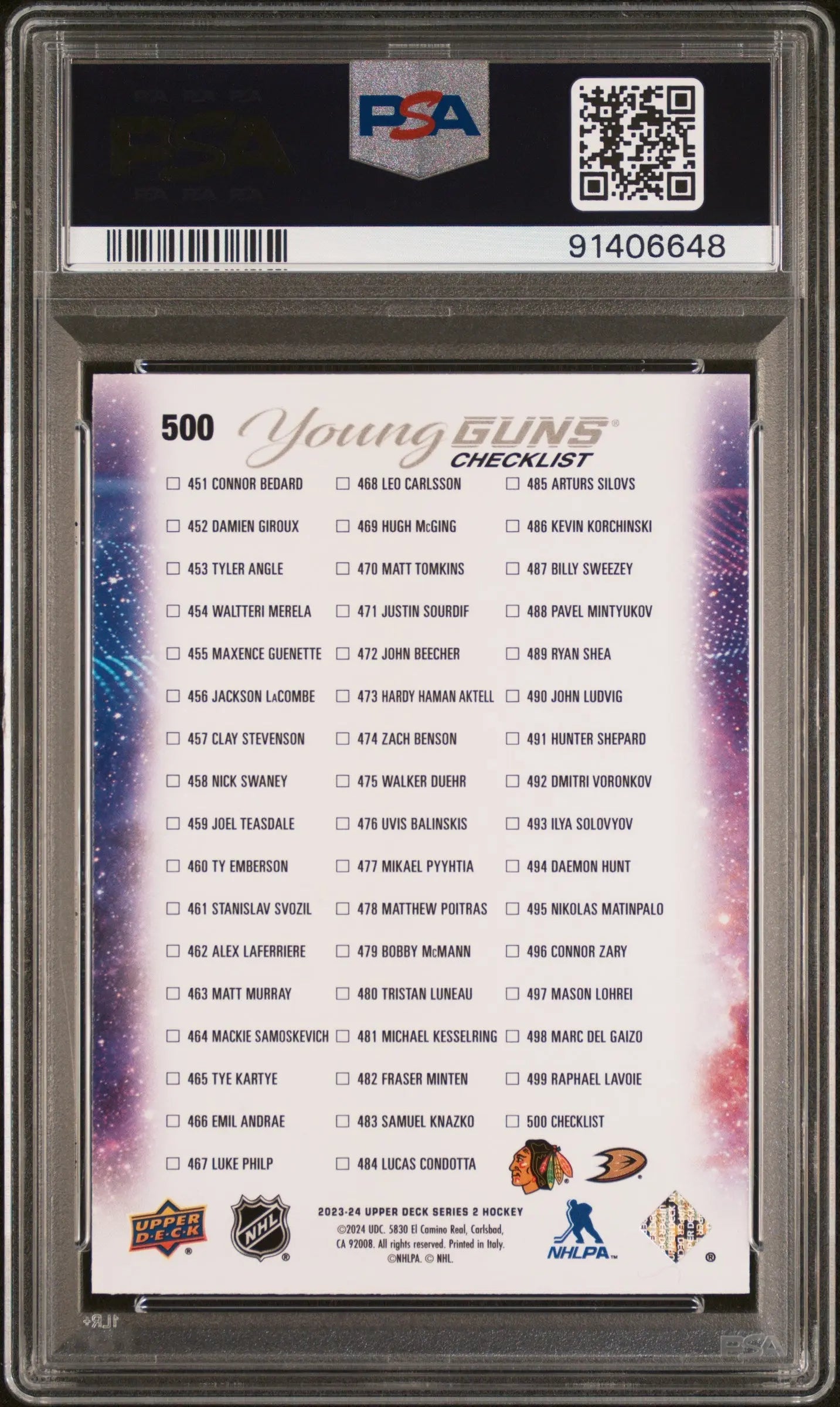 2023-24 Upper Deck Series 2 Young Guns Rookie Leo Carlsson Connor Bedard PSA 10 
