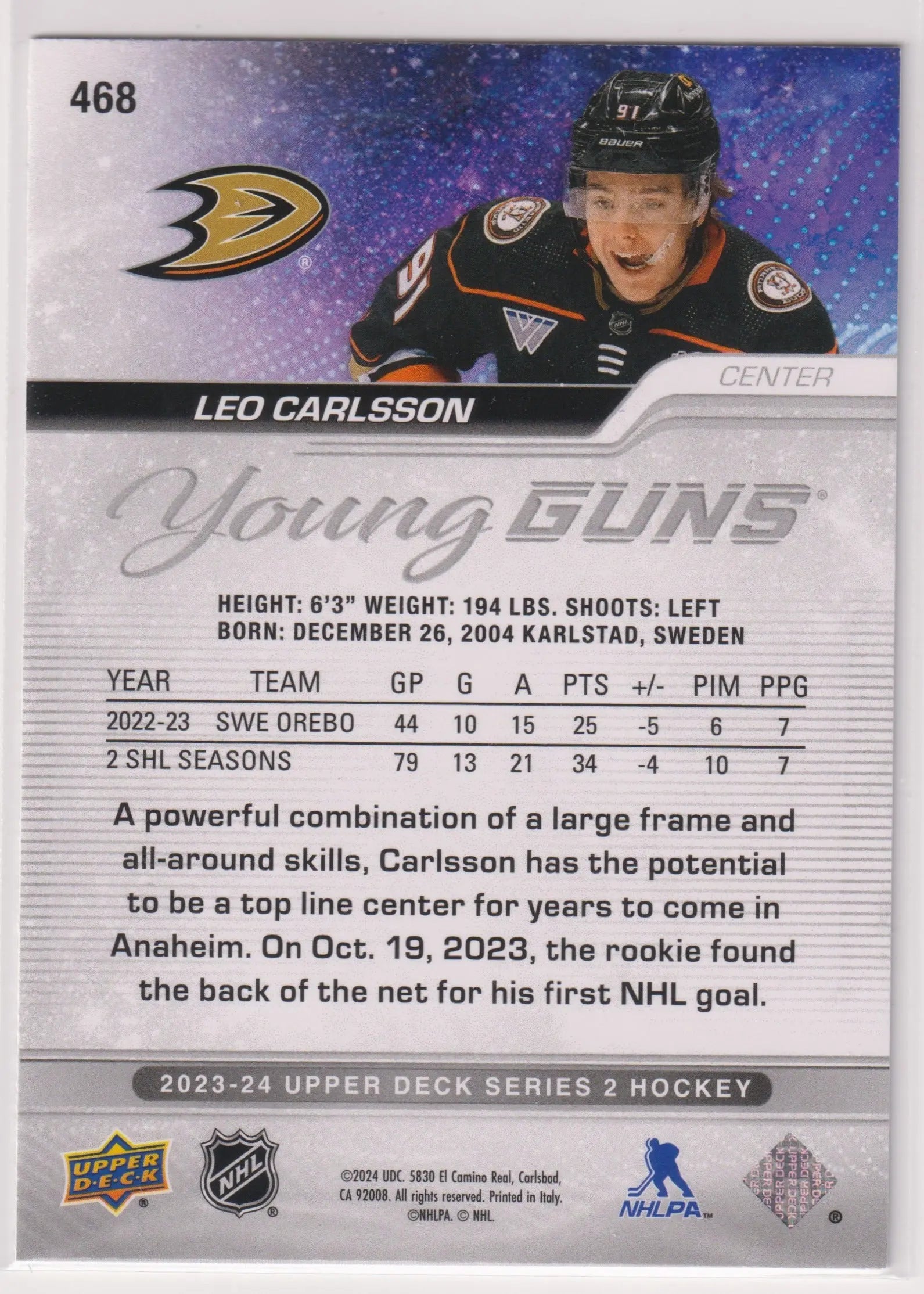 2023-24 Upper Deck Series 2 Young Guns Rookie Leo Carlsson Outburst RC 