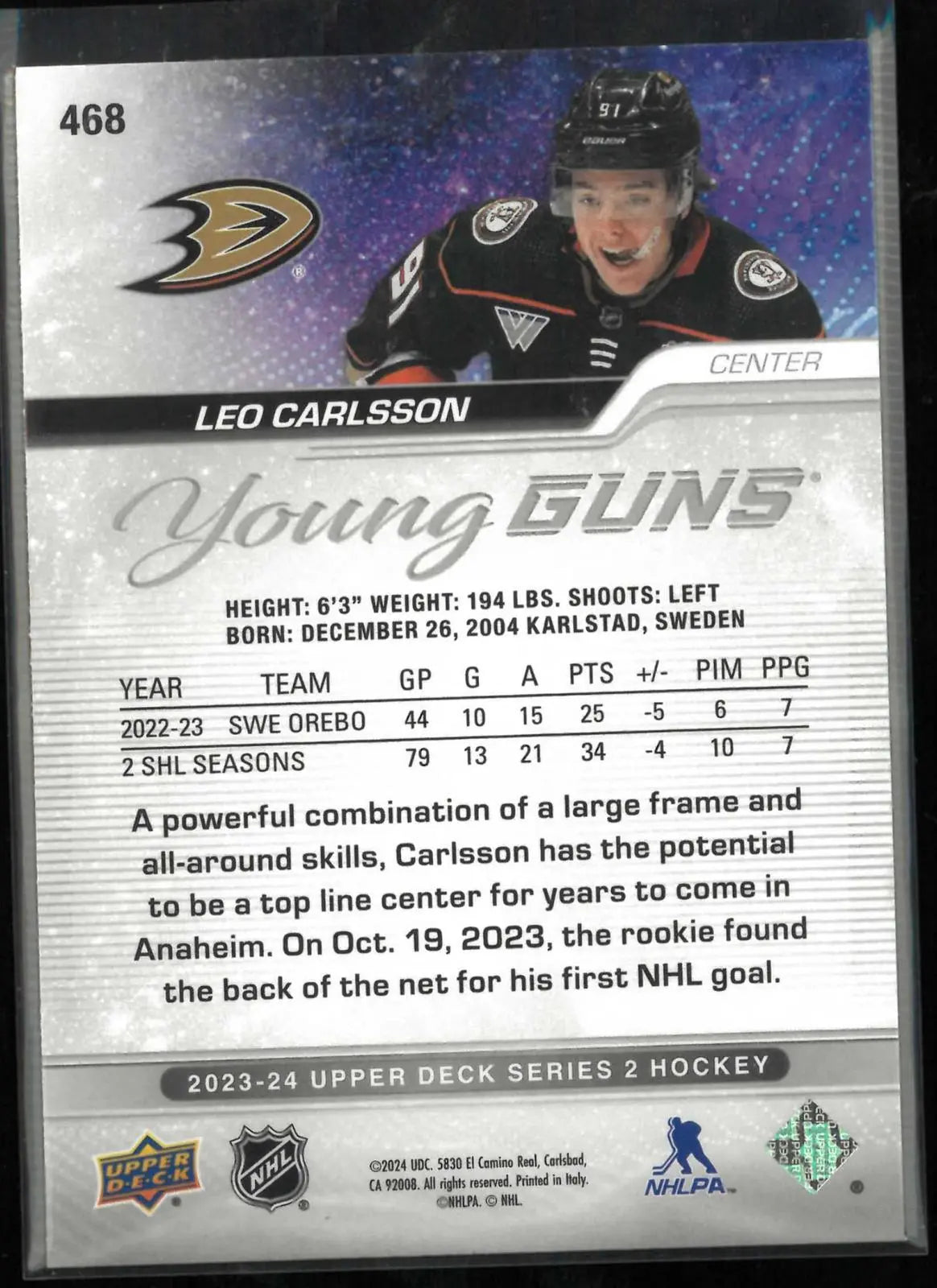 2023-24 Upper Deck Series 2 Young Guns Rookie Leo Carlsson RC 
