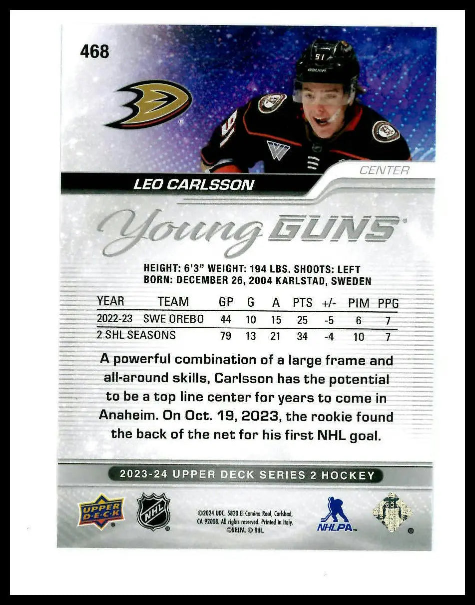 2023-24 Upper Deck Series 2 Young Guns Rookie Leo Carlsson RC (A) 