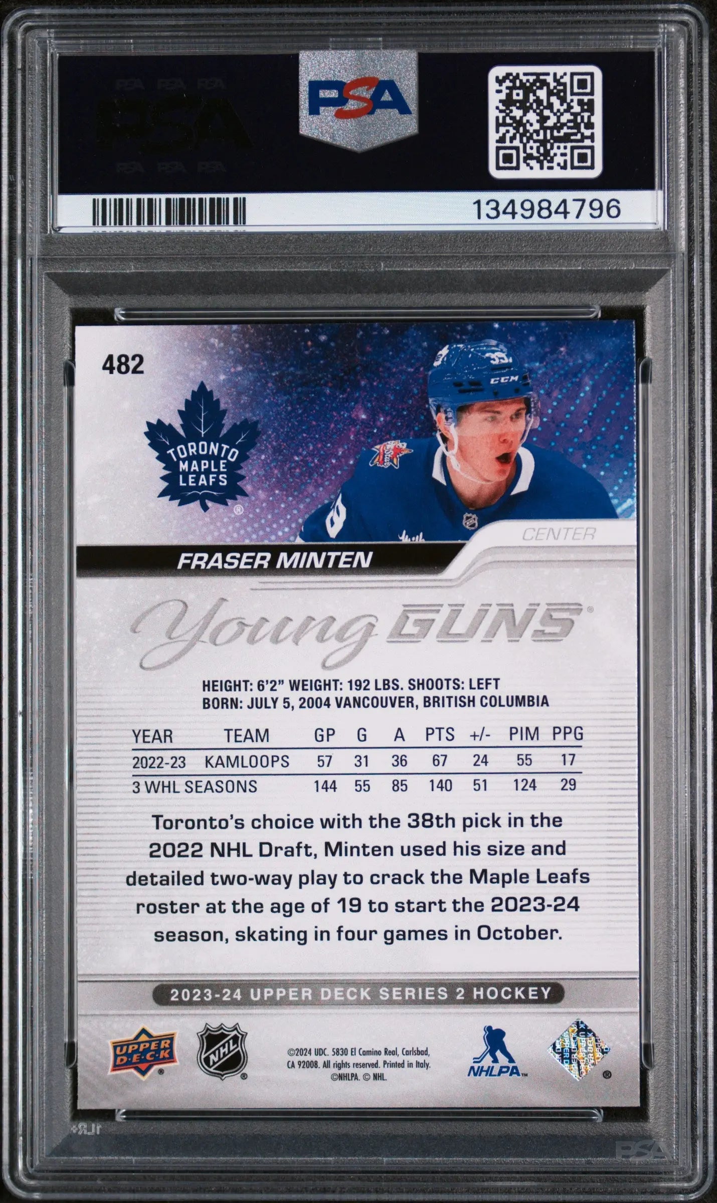 2023-24 Upper Deck Series 2 Young Guns Rookie RC Fraser Minten #482 PSA 10 