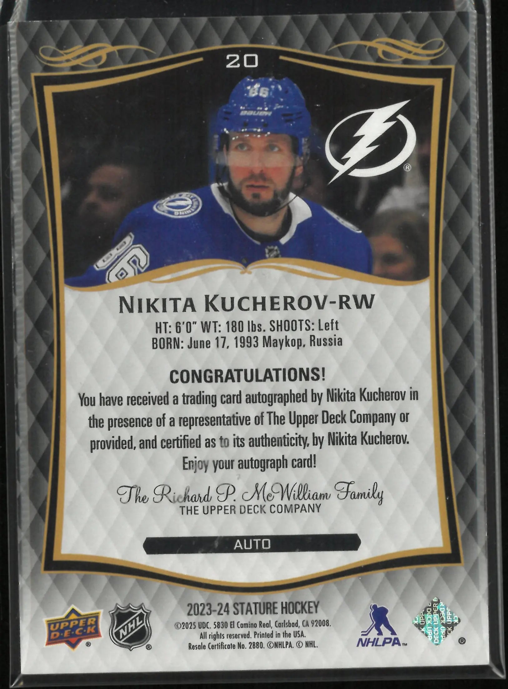 2023-24 Upper Deck Stature Autograph Nikita Kucherov Auto 