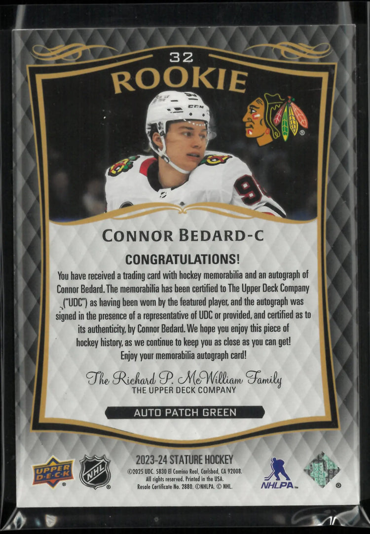 2023-24 Upper Deck Stature Autograph Rookie Patch Connor Bedard Green /35 