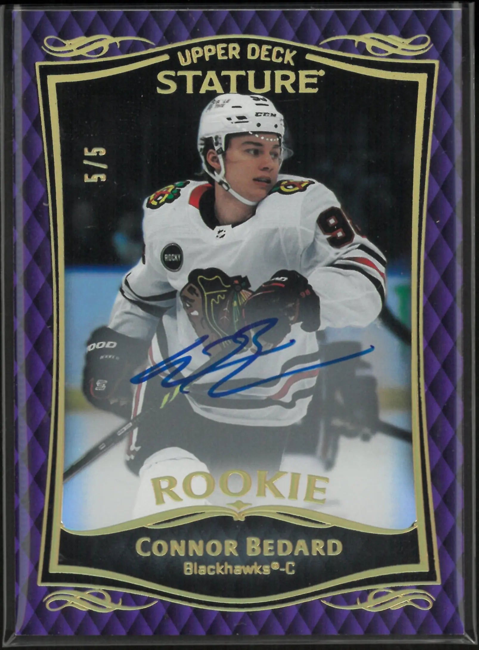 2023-24 Upper Deck Stature Hockey Connor Bedard RC Rookie Purple Auto 5/5 
