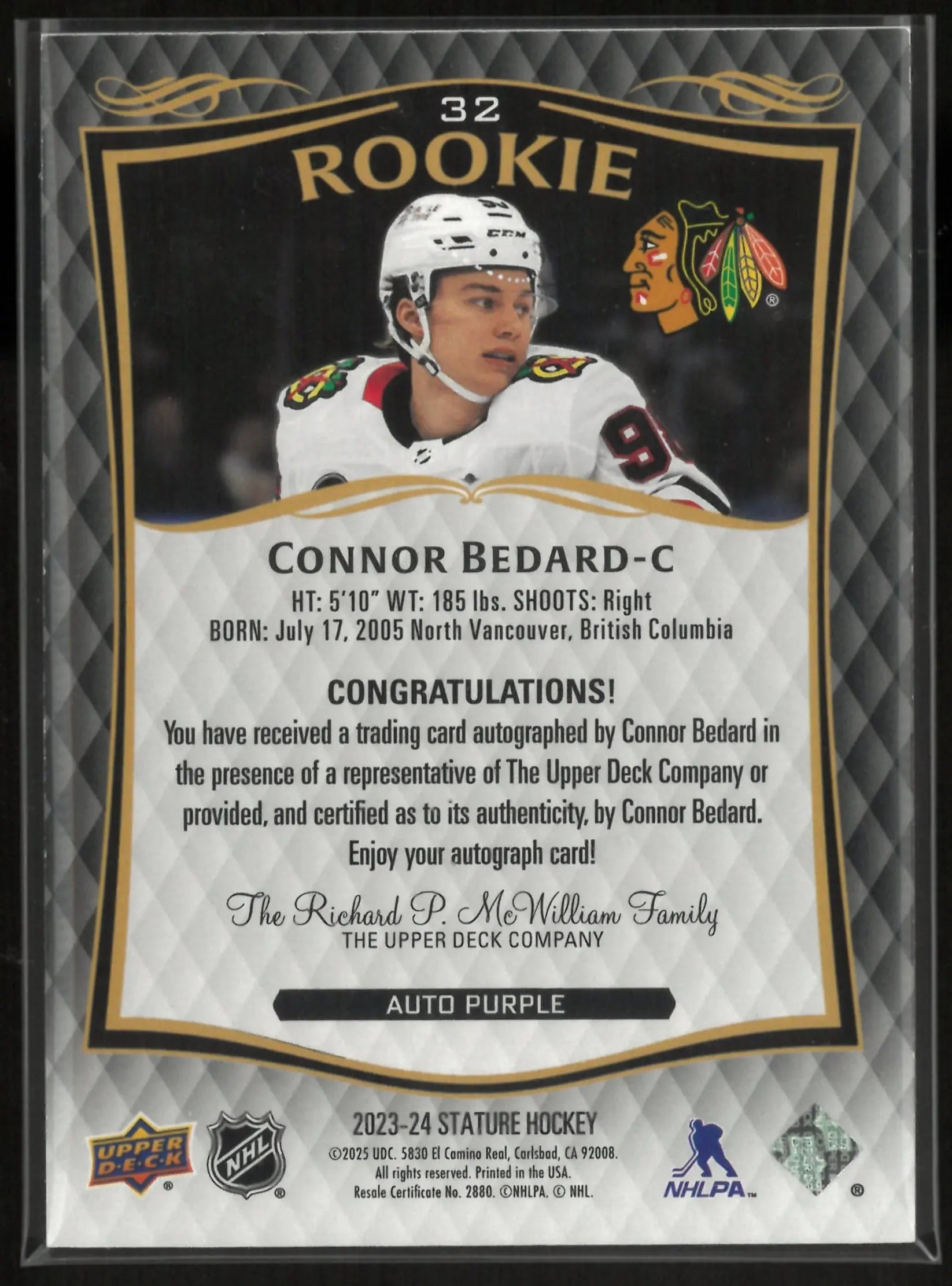 2023-24 Upper Deck Stature Hockey Connor Bedard RC Rookie Purple Auto 5/5 