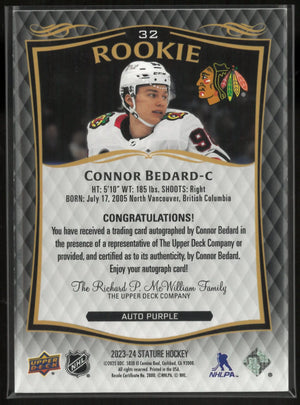 2023-24 Upper Deck Stature Hockey Connor Bedard RC Rookie Purple Auto 5/5 