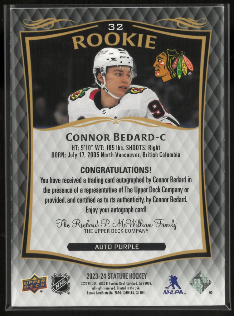 2023-24 Upper Deck Stature Hockey Connor Bedard RC Rookie Purple Auto 5/5 