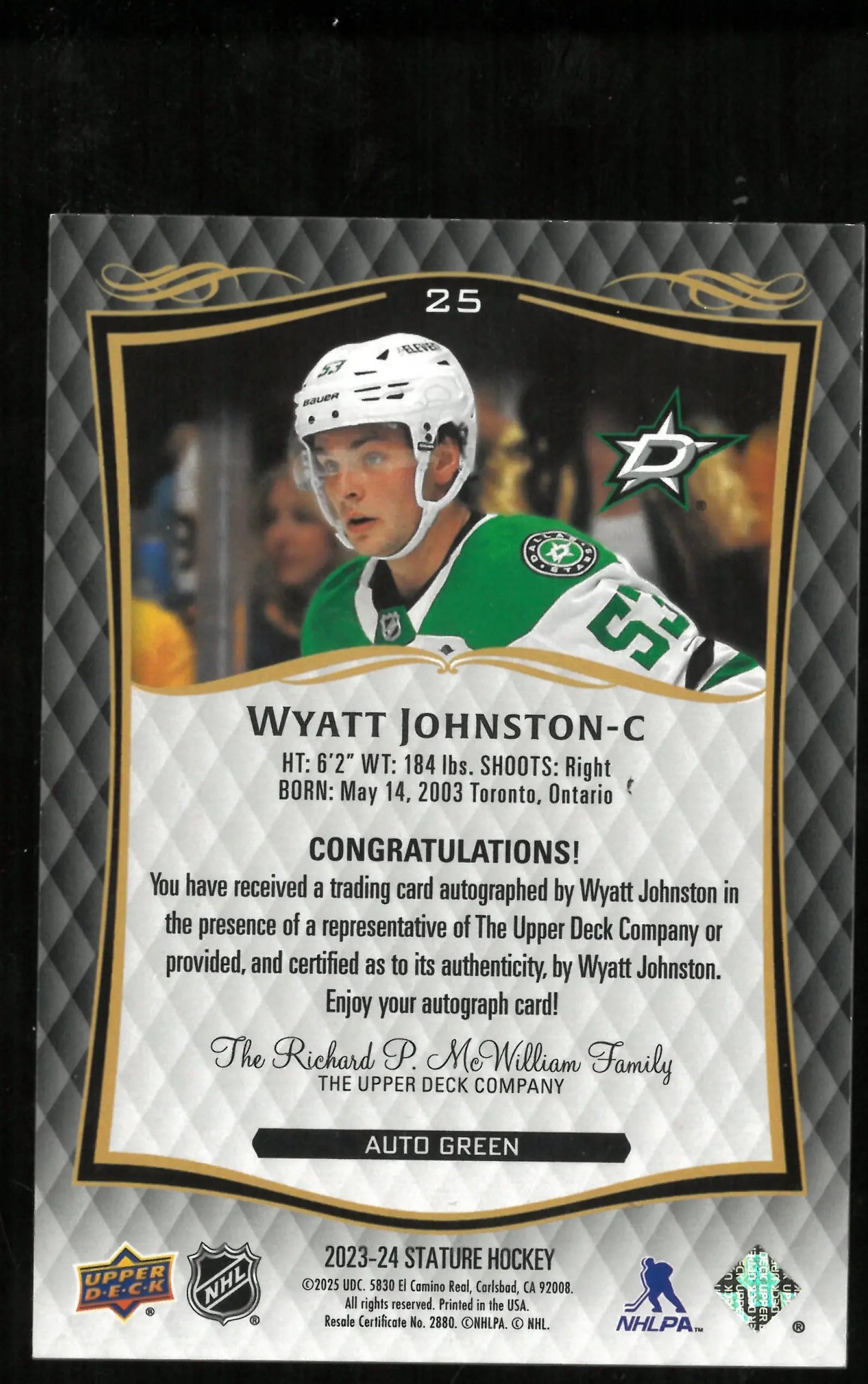 2023-24 Upper Deck Stature Hockey Wyatt Johnston Auto Green /199 
