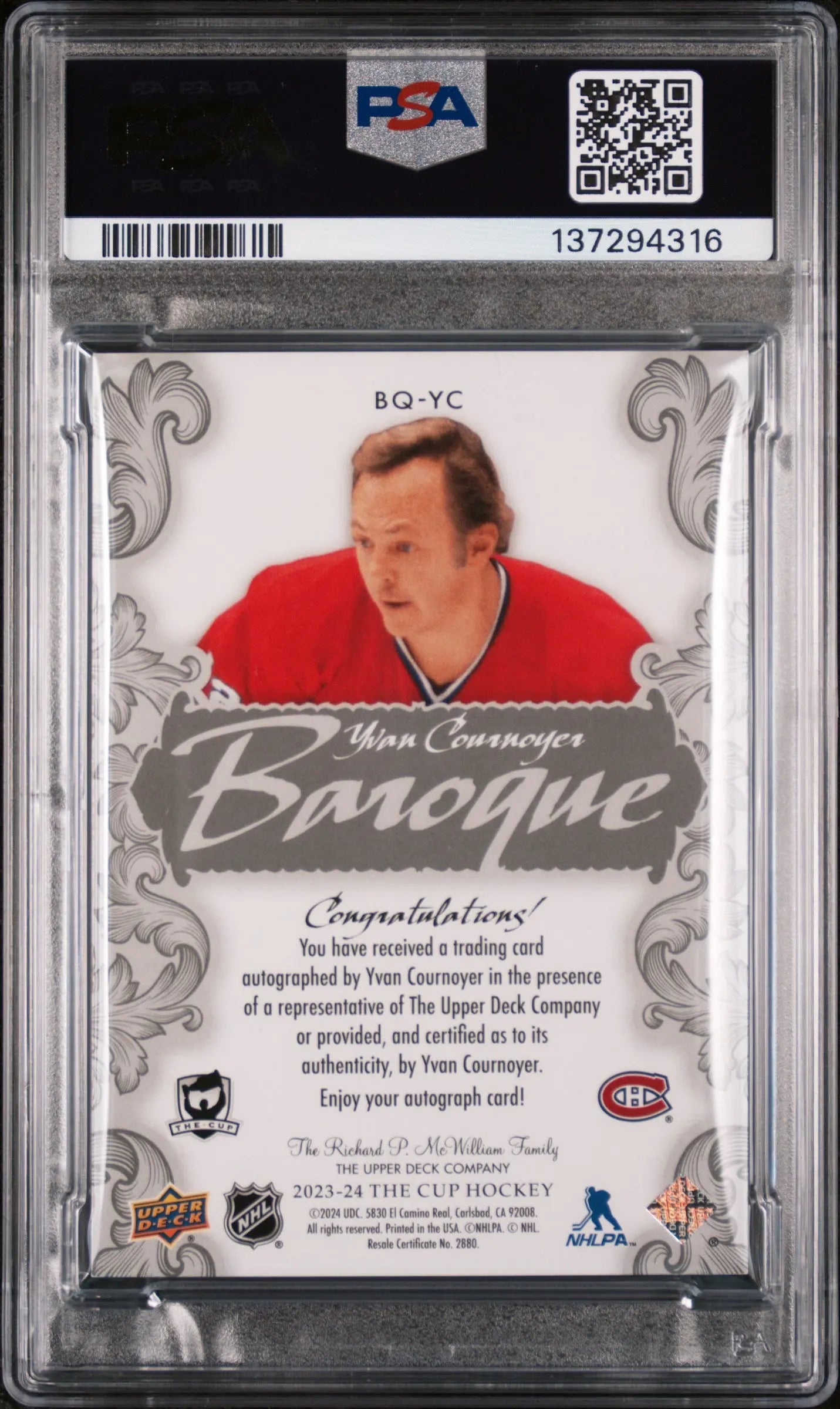 2023-24 Upper Deck The Cup Baroque Auto Yvan Cournoyer #BQYC PSA 8 