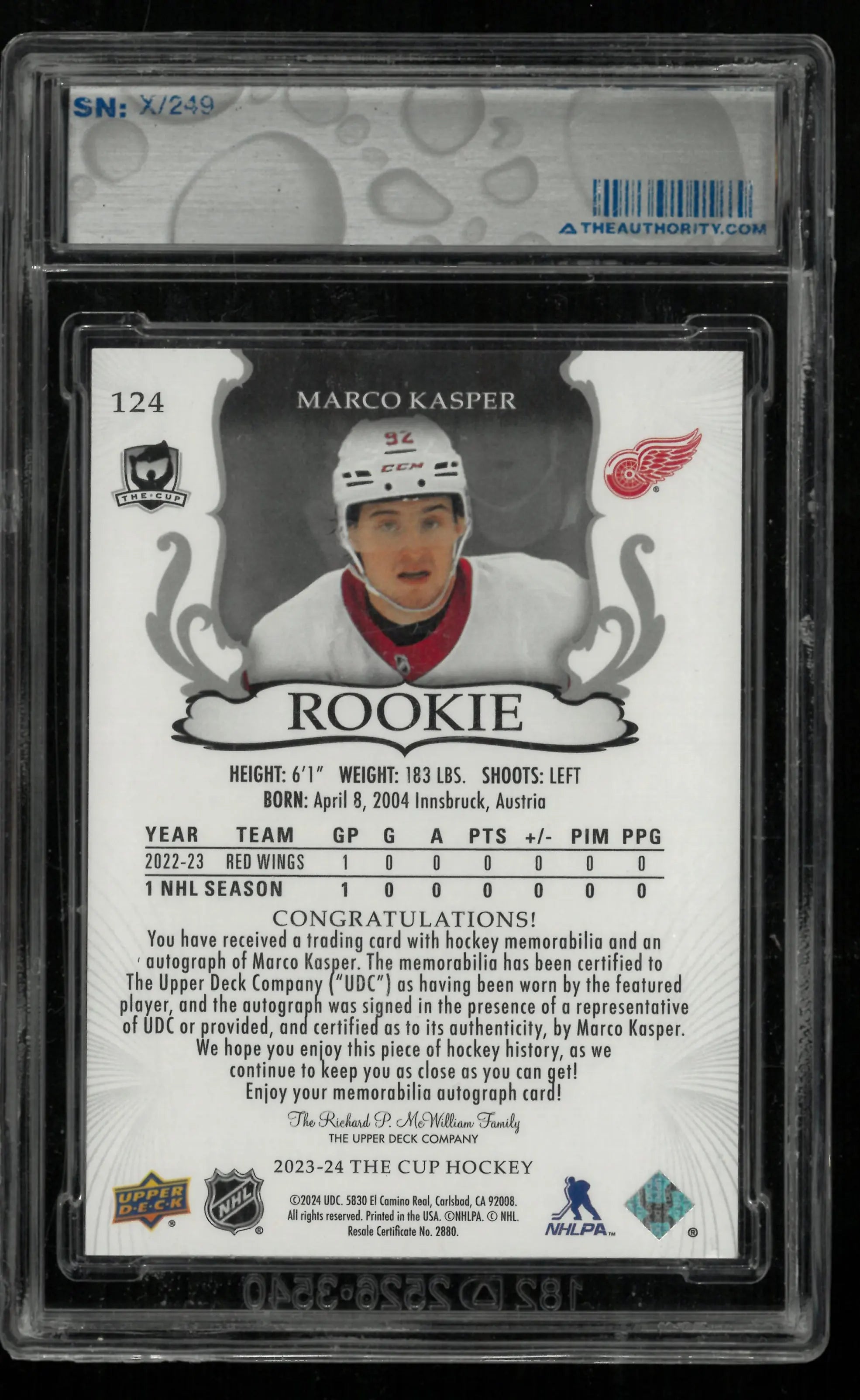 2023-24 Upper Deck The Cup Base Marco Kasper Rookie Patch Autograph Auto /249 