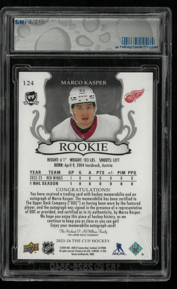 2023-24 Upper Deck The Cup Base Marco Kasper Rookie Patch Autograph Auto /249 