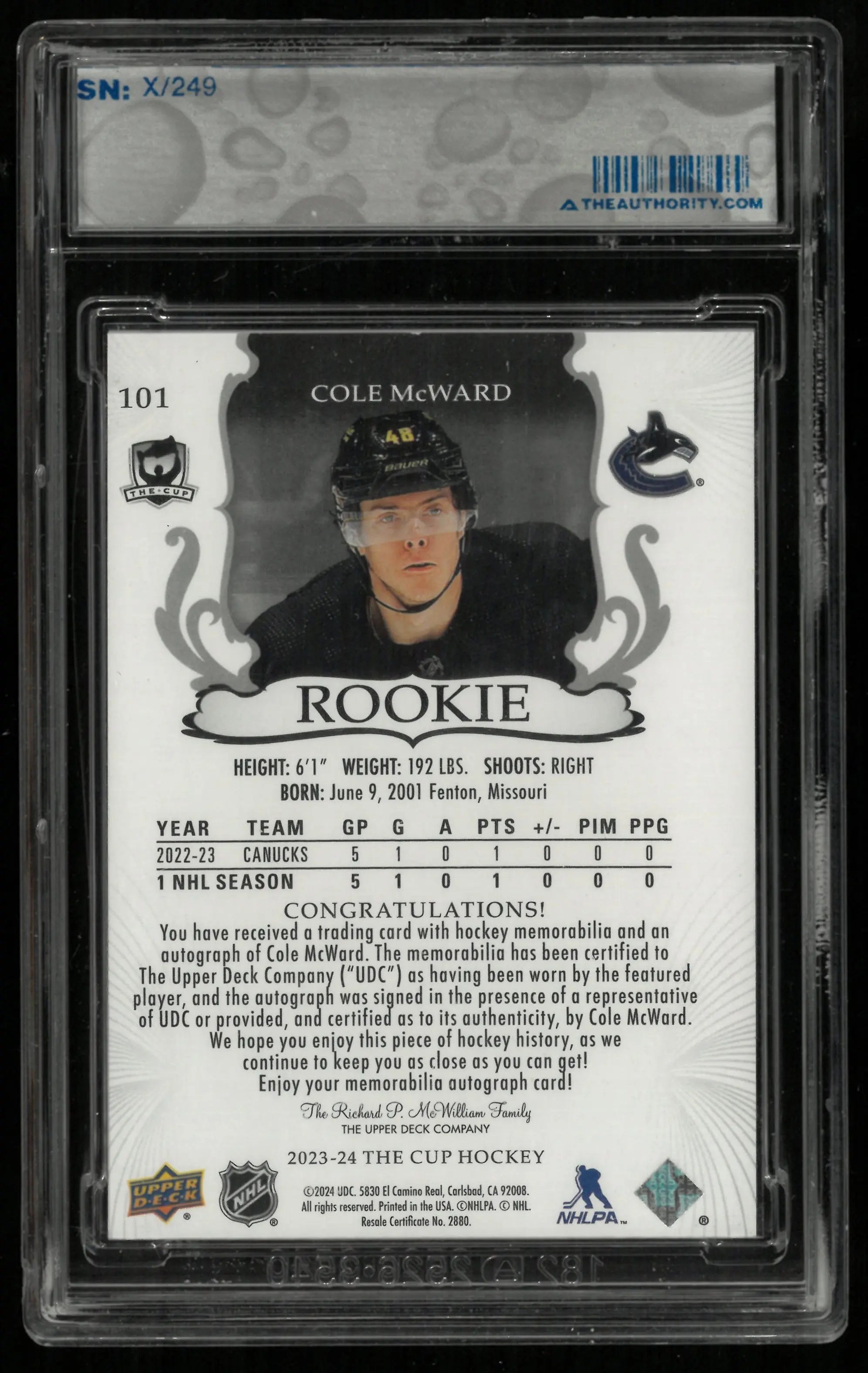 2023-24 Upper Deck The Cup Cole McWard RC Rookie Patch Auto /249 