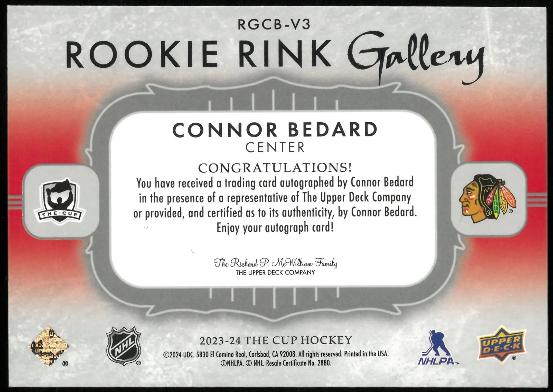 2023-24 Upper Deck The Cup Connor Bedard RC Rookie Rink Gallery Auto /25 