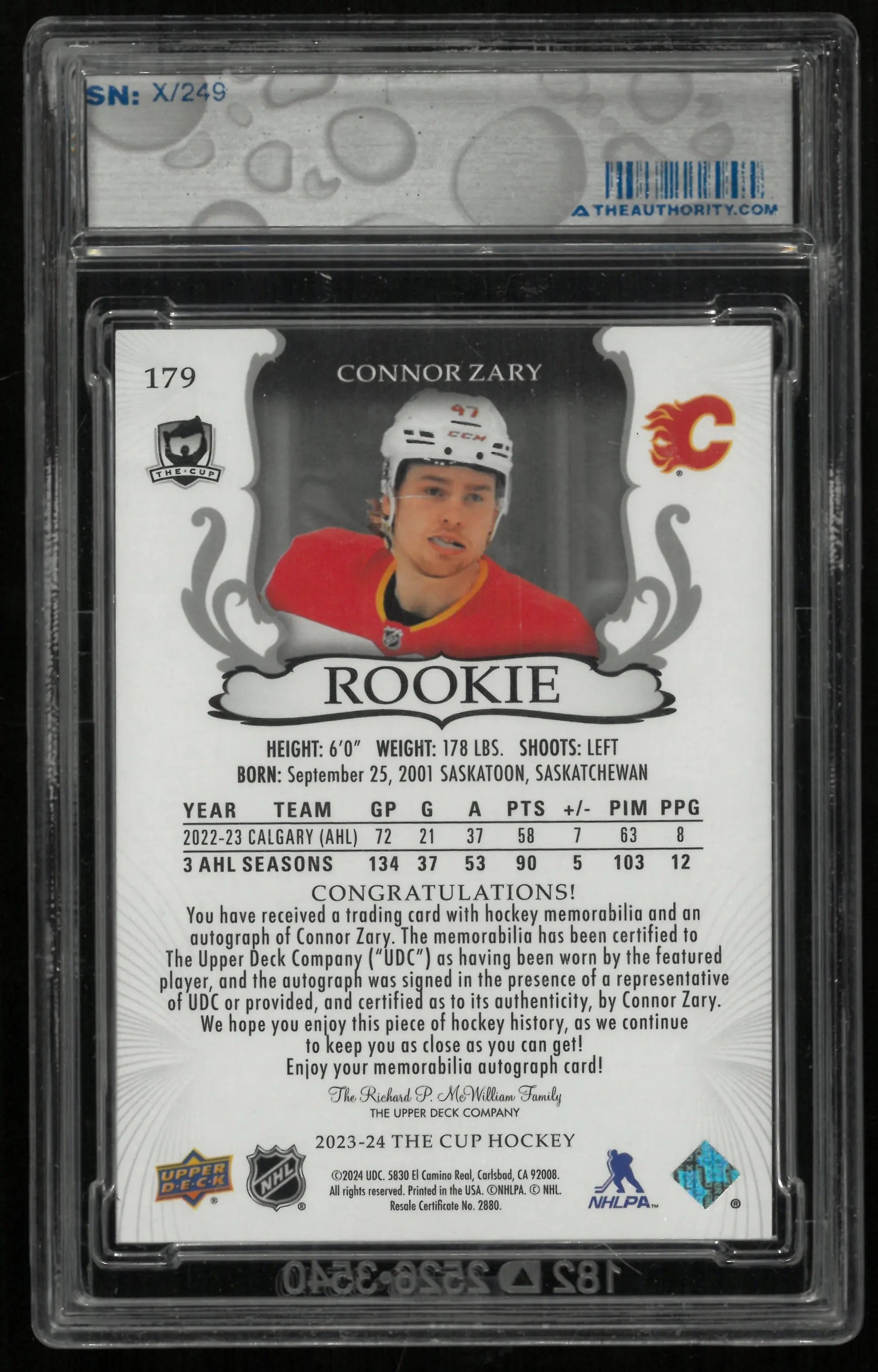 2023-24 Upper Deck The Cup Connor Zary RC Rookie Patch Auto /249 