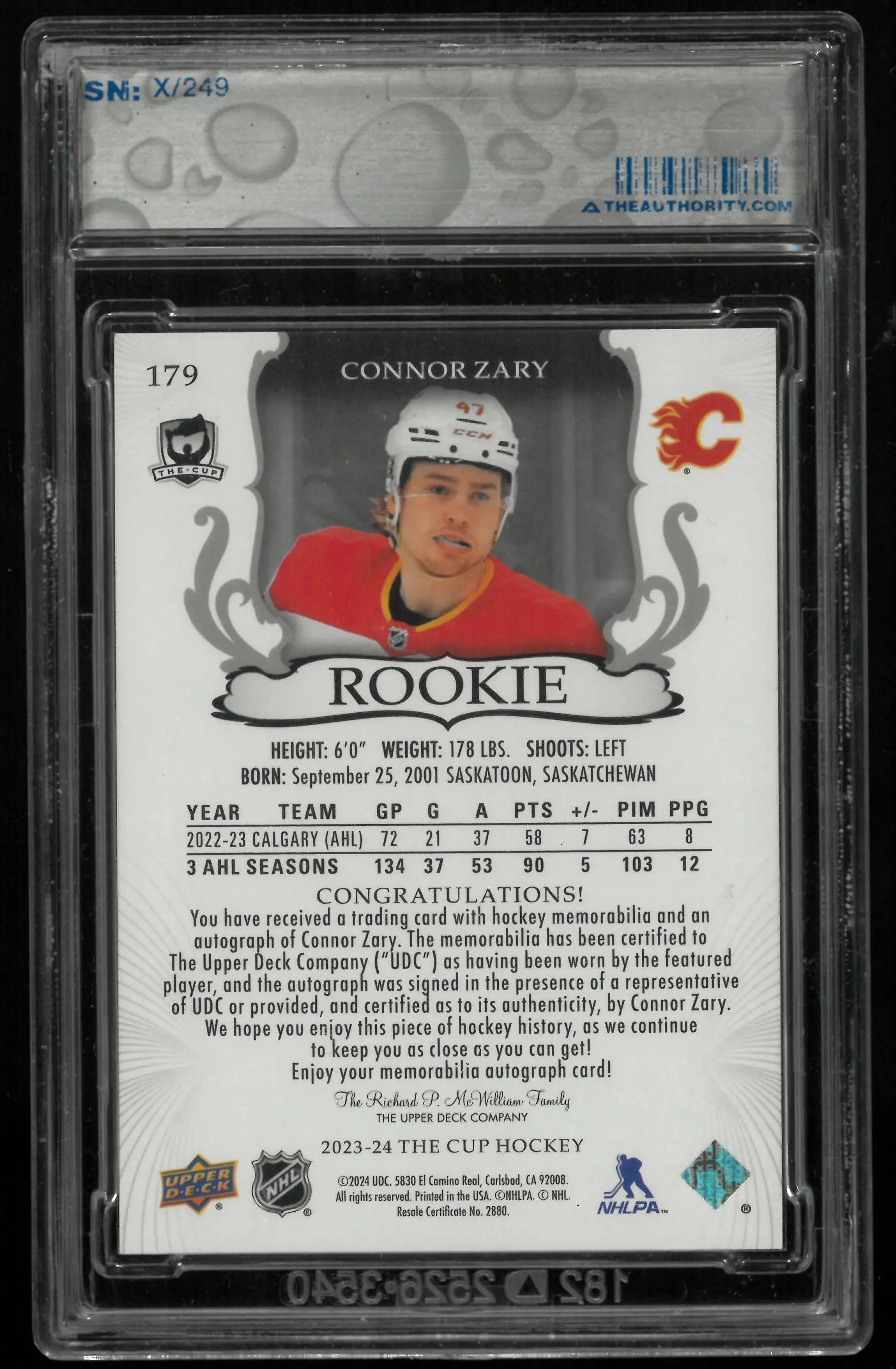 2023-24 Upper Deck The Cup Connor Zary RC Rookie Patch Auto /249 