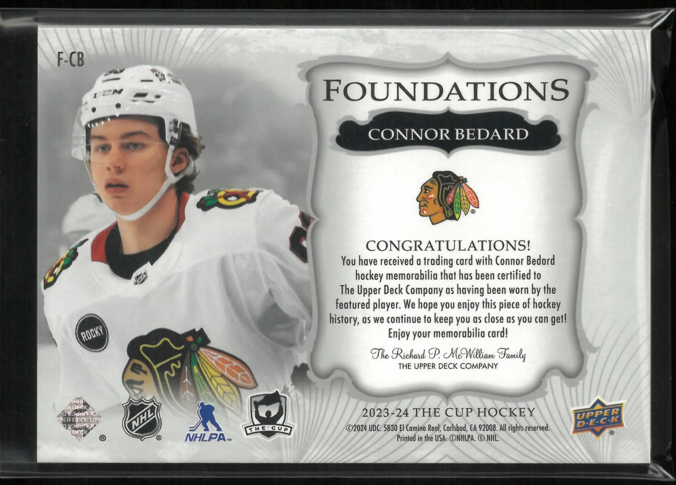 2023-24 Upper Deck The Cup Foundations Connor Bedard Jersey Patch 39/99 