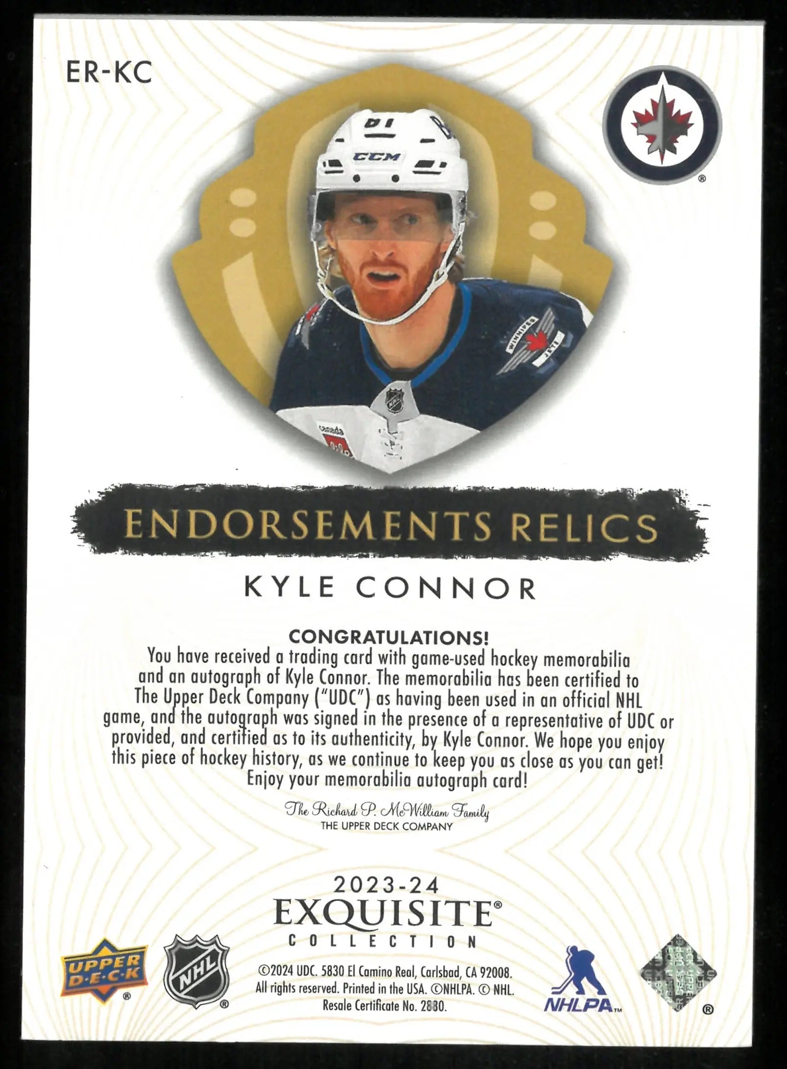 2023-24 Upper Deck The Cup Gold Exquisite Patch Auto Kyle Connor /25 