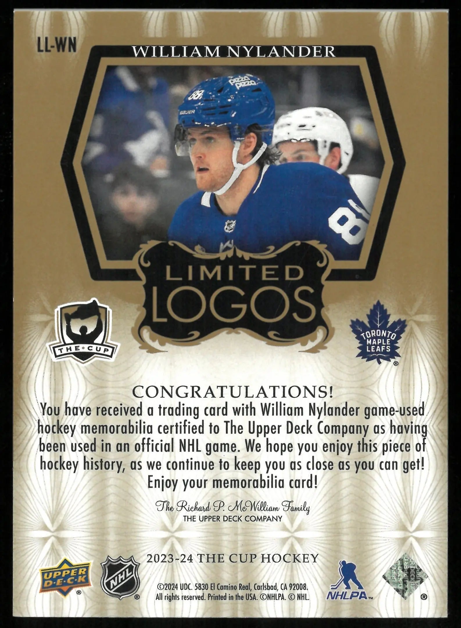 2023-24 Upper Deck The Cup Gold Limited Logos William Nylander /10 