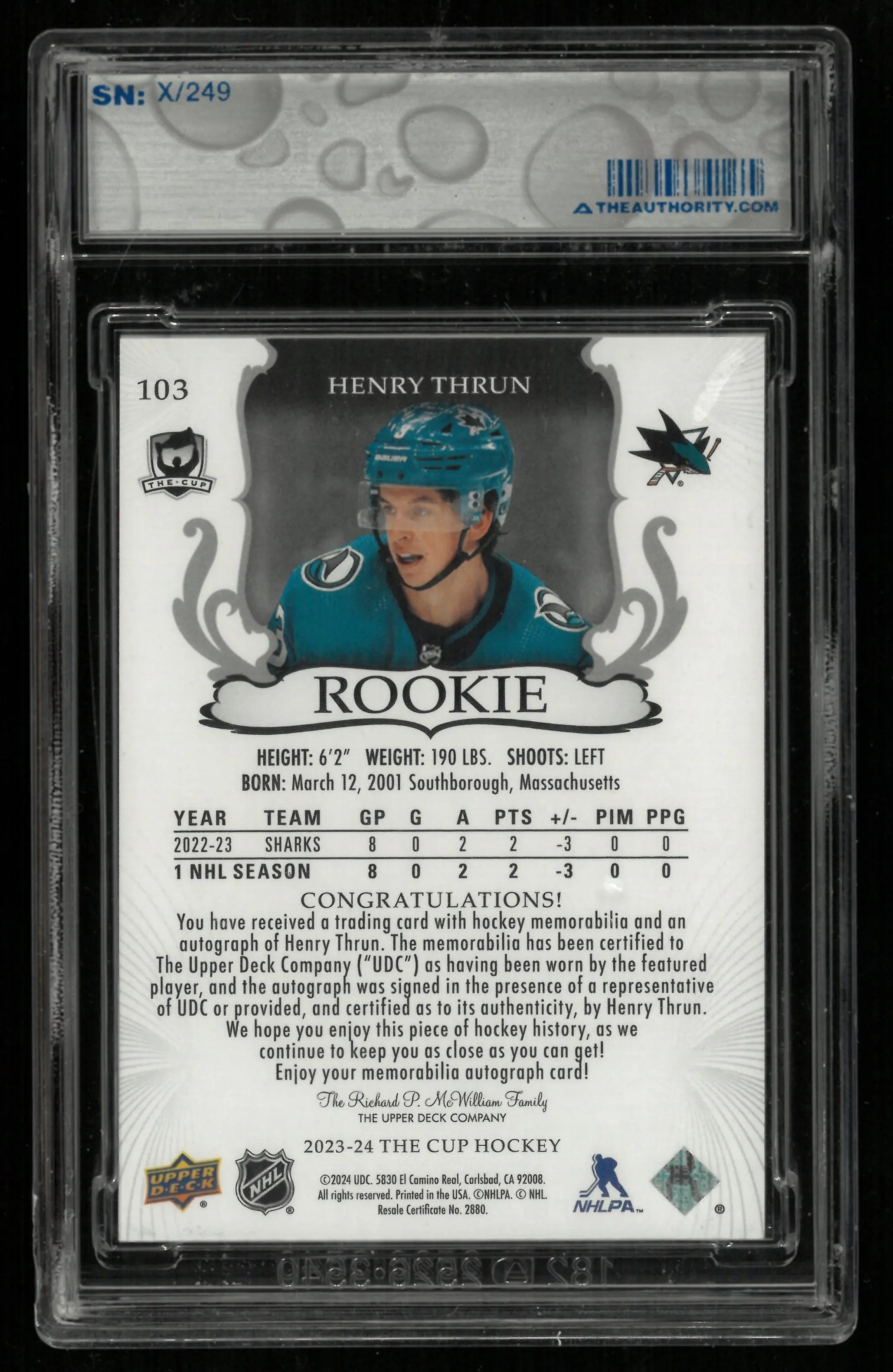 2023-24 Upper Deck The Cup Henry Thrun RC Rookie Patch Auto /249 