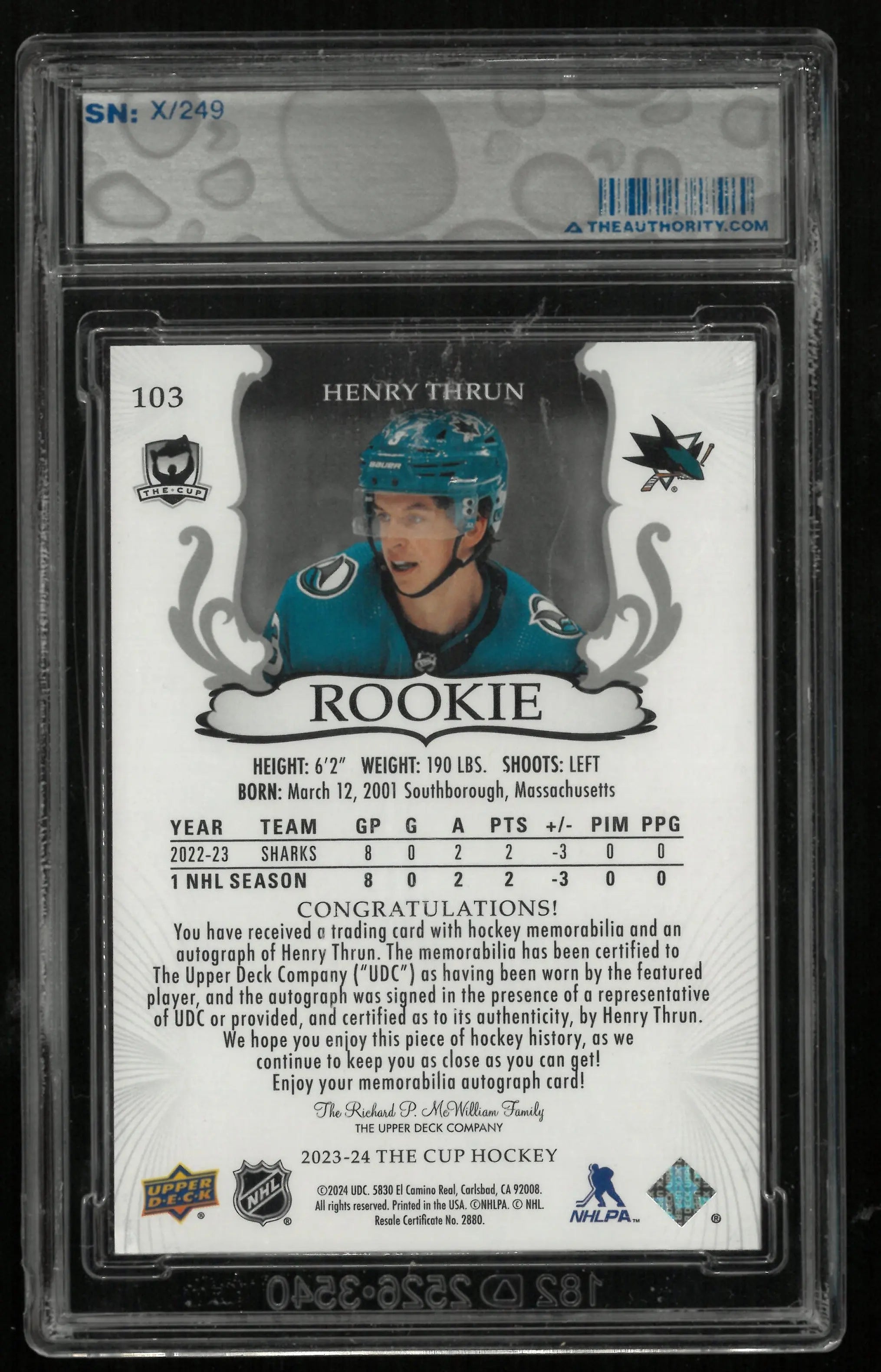 2023-24 Upper Deck The Cup Henry Thrun RC Rookie Patch Auto /249 