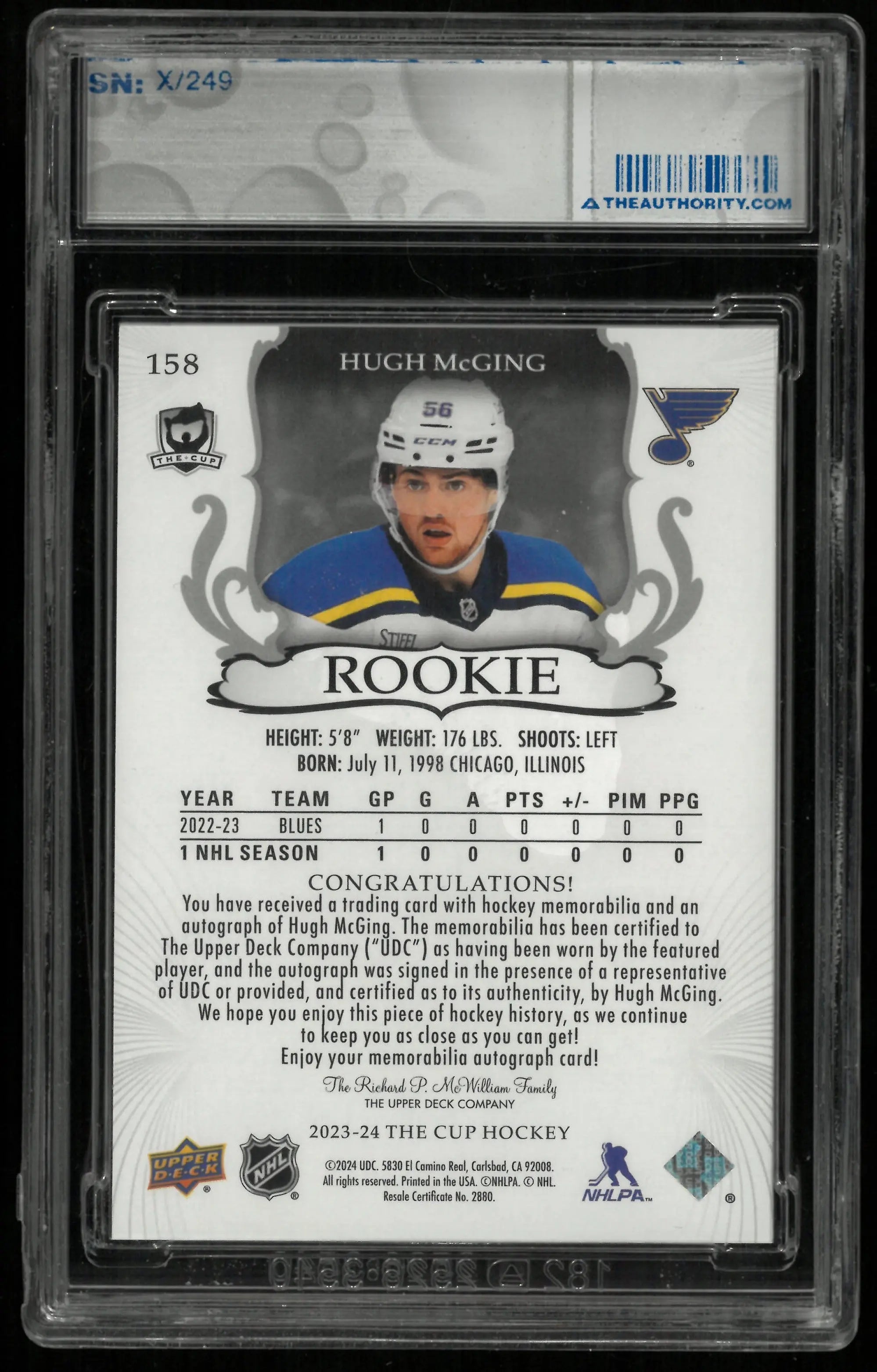 2023-24 Upper Deck The Cup Hugh McGing RC Rookie Patch Auto /249 