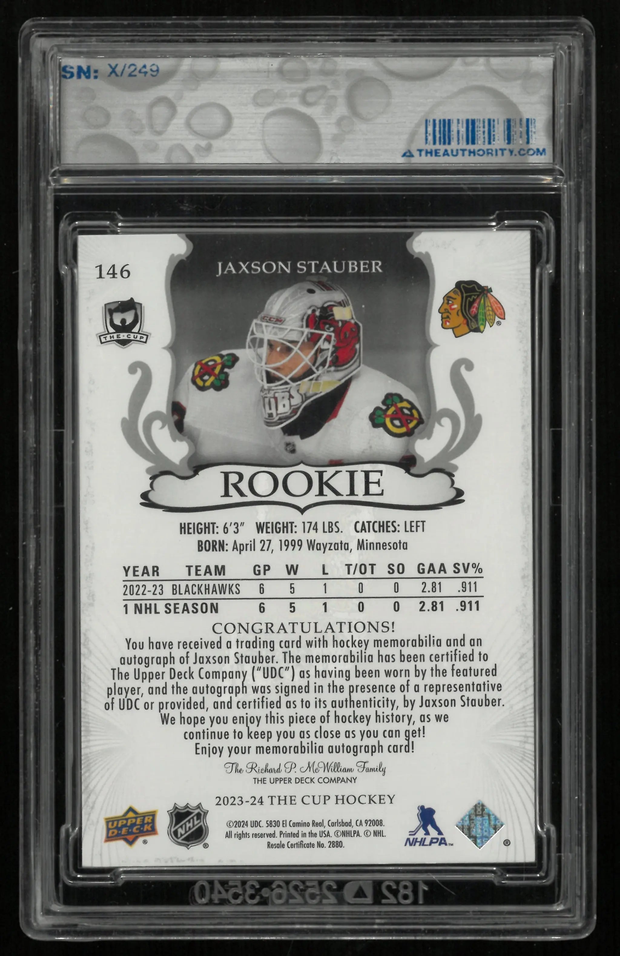 2023-24 Upper Deck The Cup Jaxson Stauber RC Rookie Patch Auto /249 