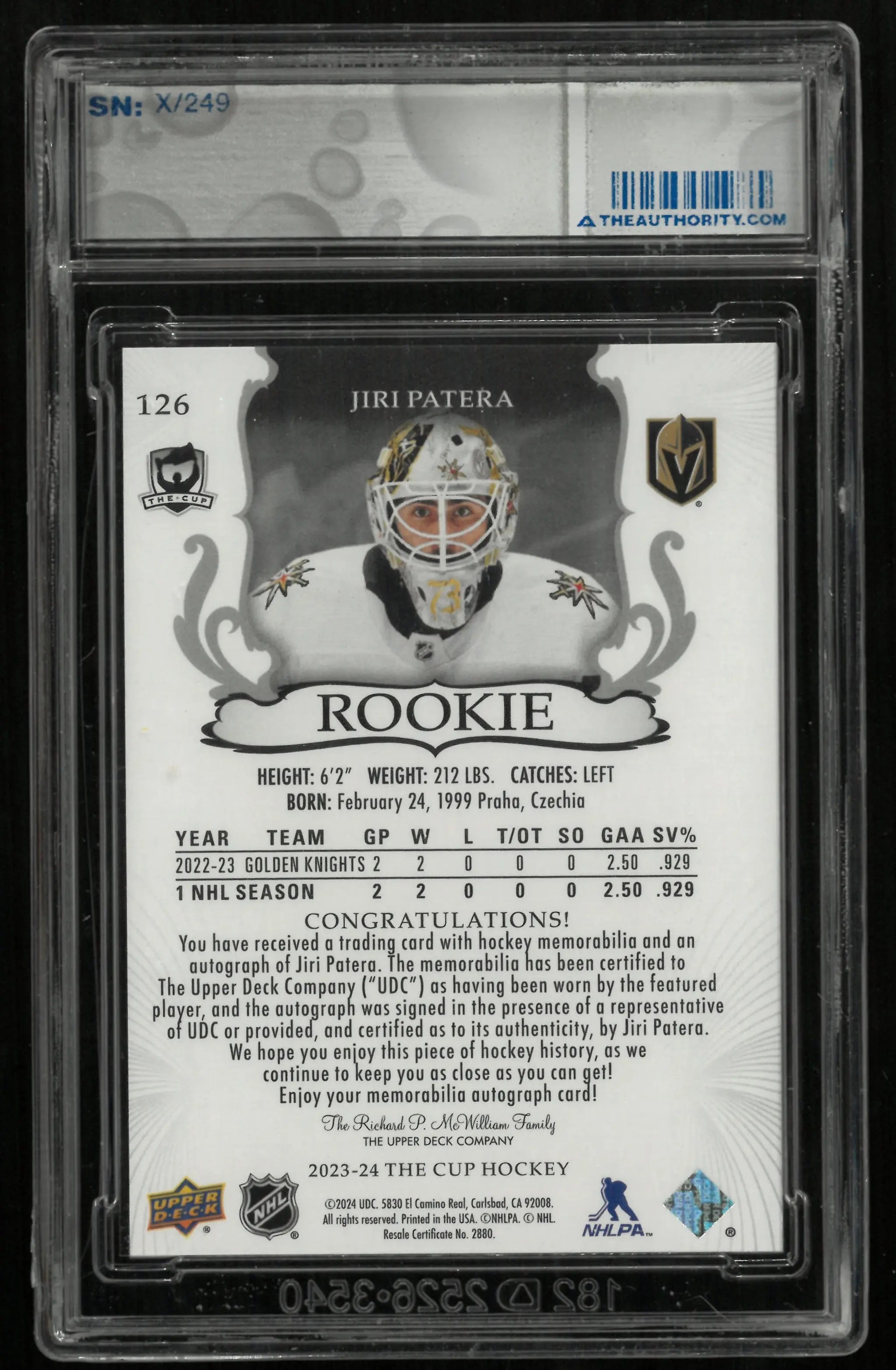 2023-24 Upper Deck The Cup Jiri Patera RC Rookie Patch Auto /249 