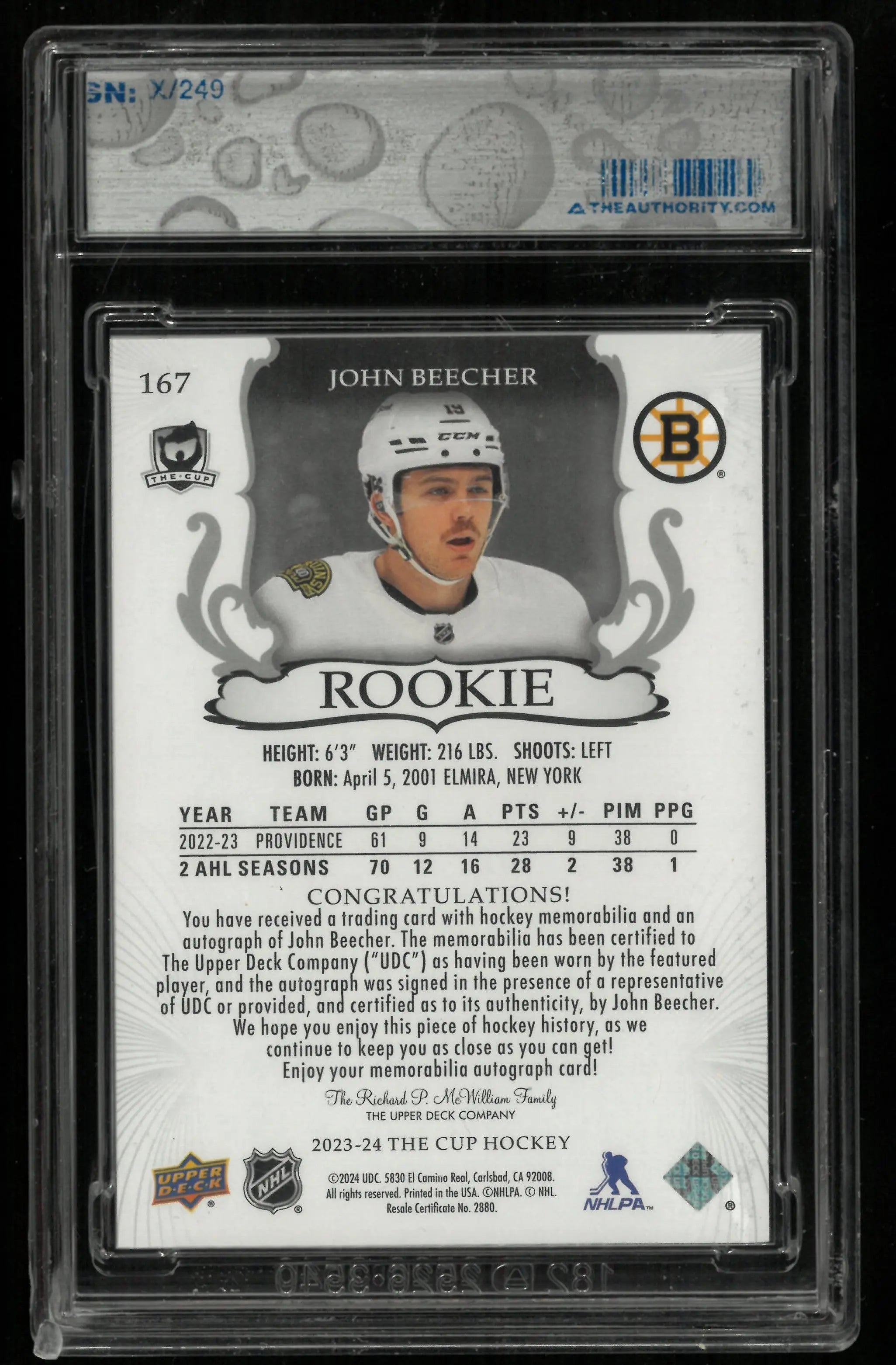 2023-24 Upper Deck The Cup John Beecher RC Rookie Patch Auto /249 