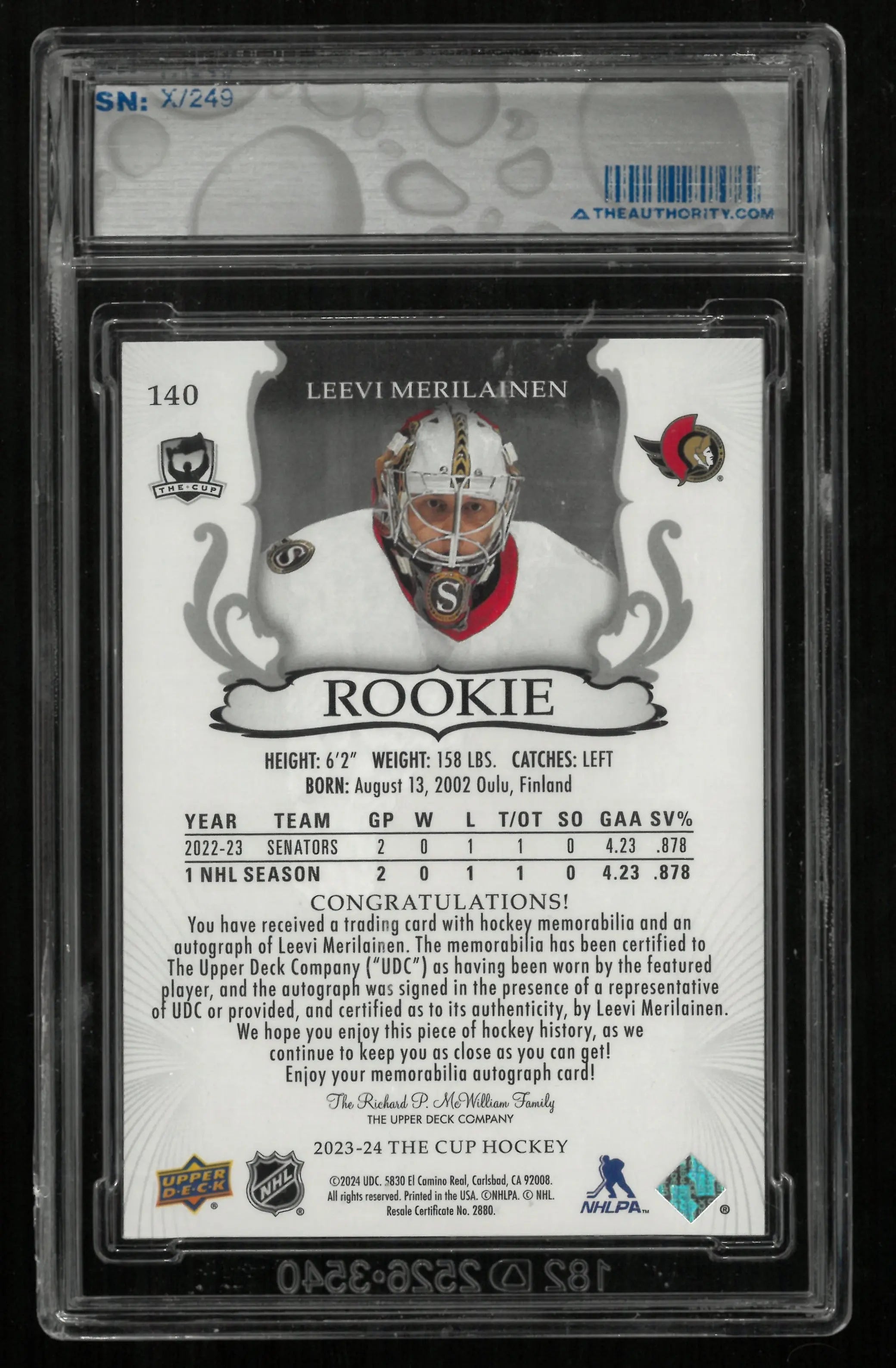 2023-24 Upper Deck The Cup Leevi Merilainen RC Rookie Patch Auto /249 