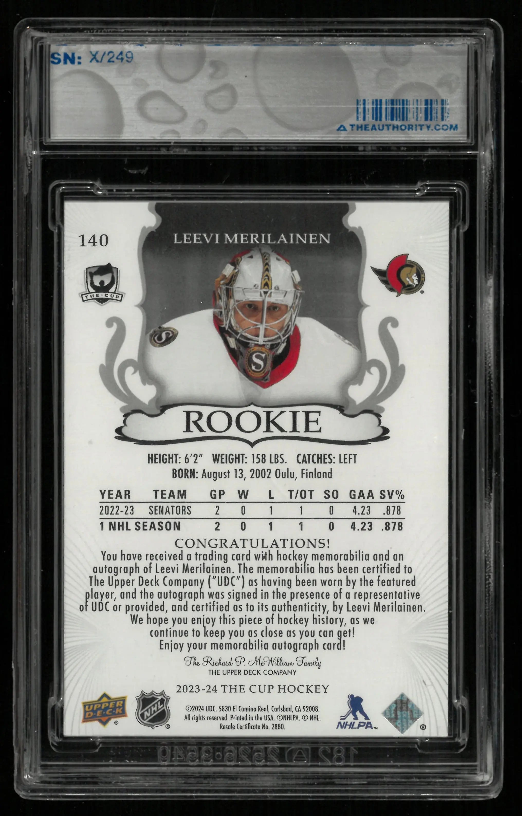 2023-24 Upper Deck The Cup Leevi Merilainen RC Rookie Patch Auto /249 