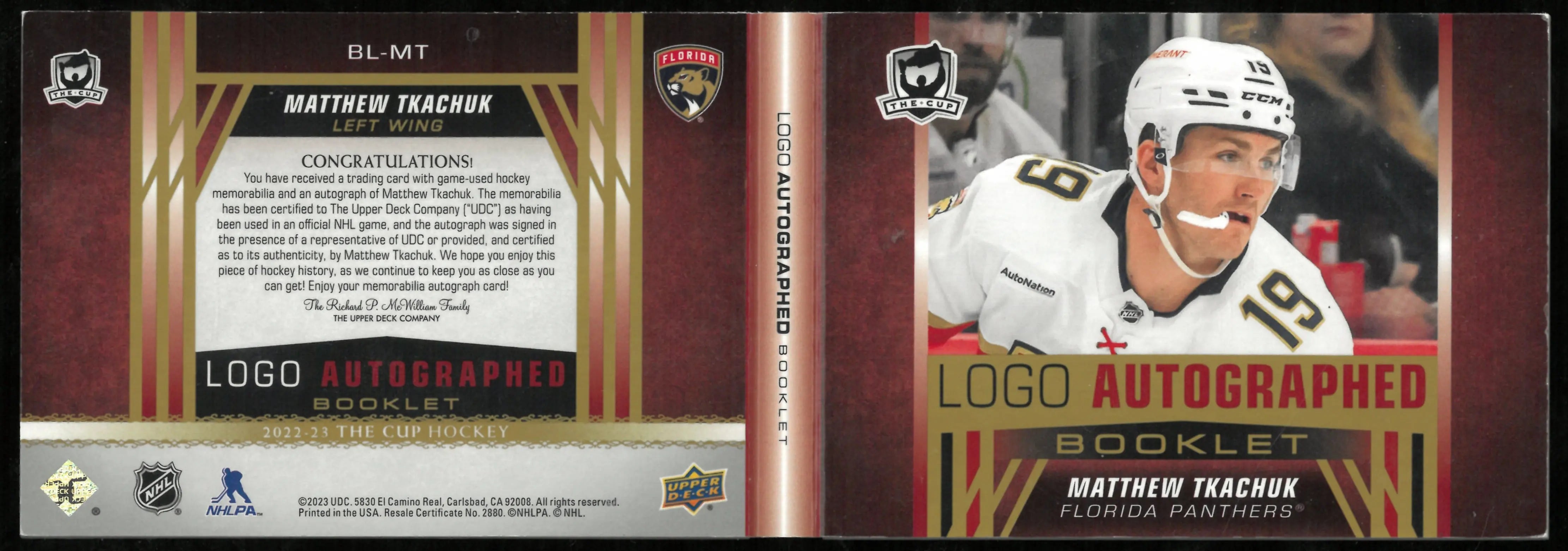 2023-24 Upper Deck The Cup Logo Patch Auto Booklet Matthew Tkachuk 1/1 