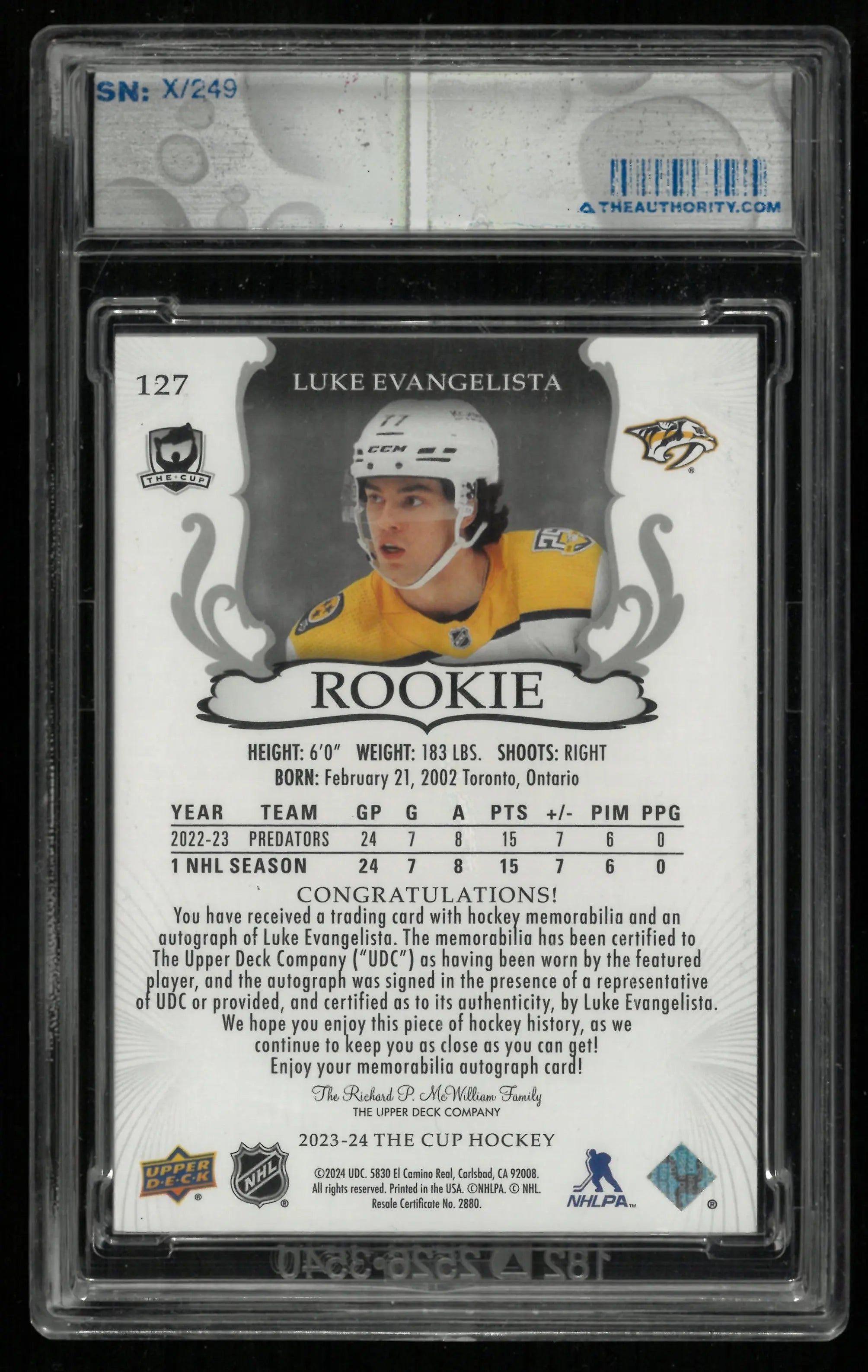 2023-24 Upper Deck The Cup Luke Evangelista RC Rookie Patch Auto /249 