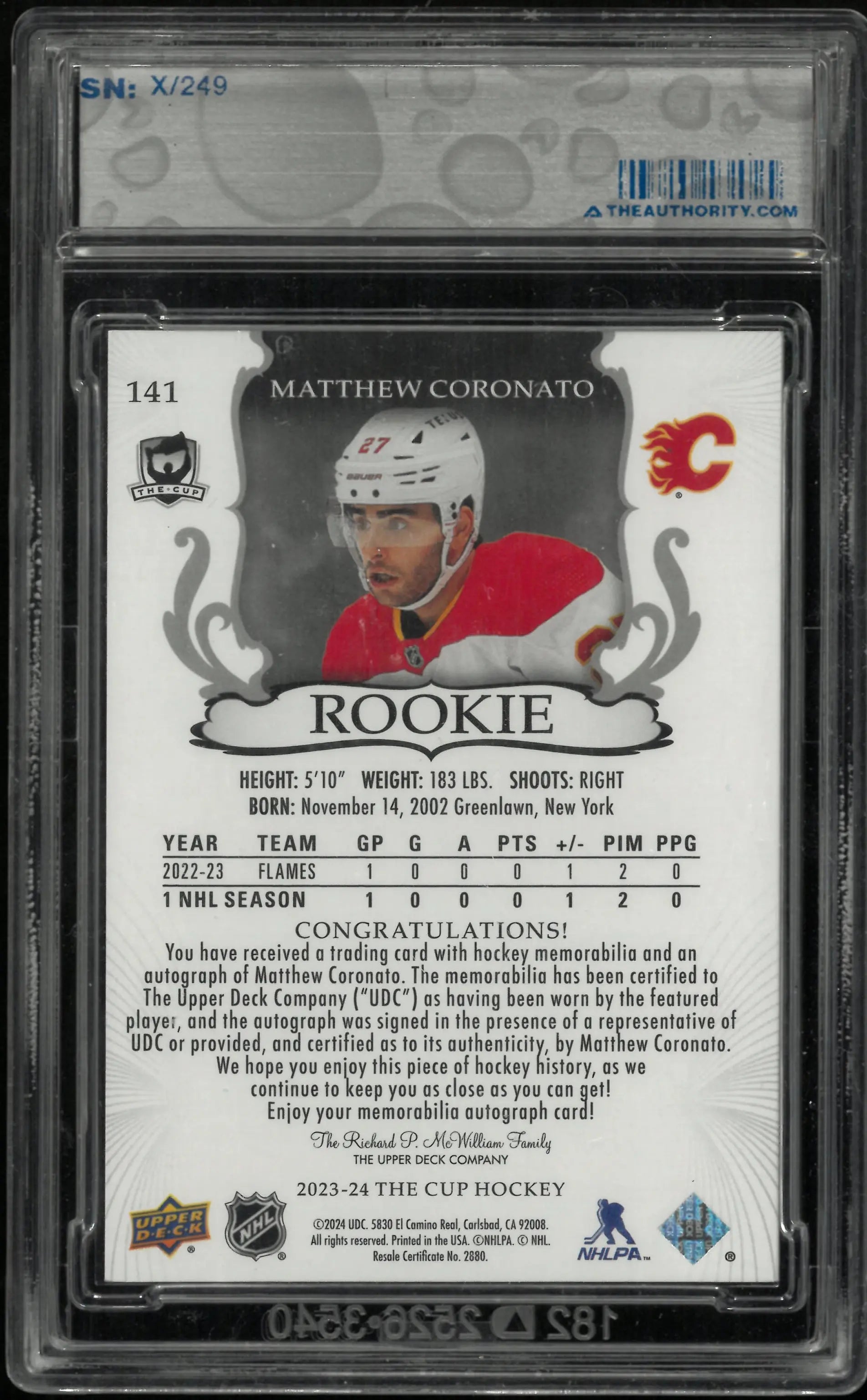 2023-24 Upper Deck The Cup Matthew Coronato Rookie Patch Auto /249 